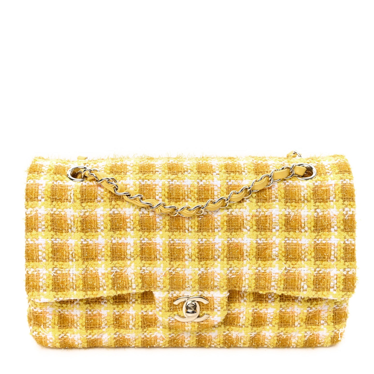 Tweed Quilted Medium Double Flap Yellow White Ochre