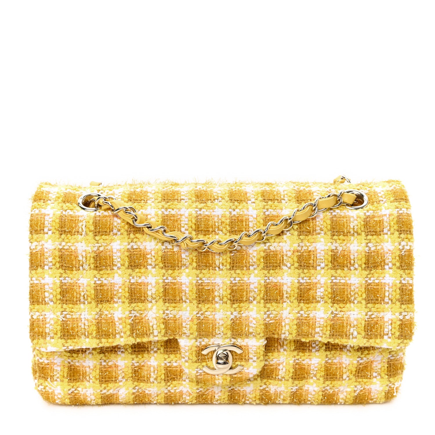 Chanel Tweed Quilted Medium Double Flap Yellow White Ochre 1 of 12