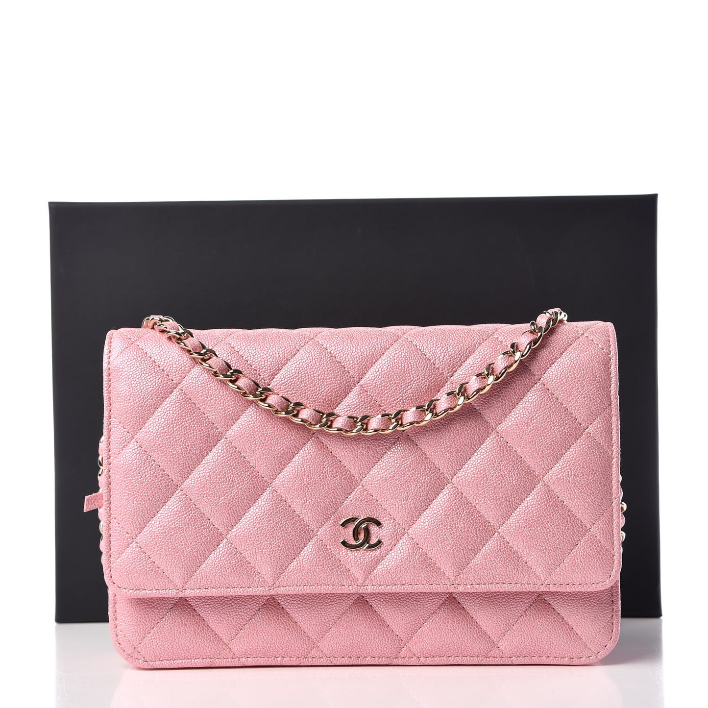 Iridescent Caviar Quilted Wallet on Chain WOC Rose Pink
