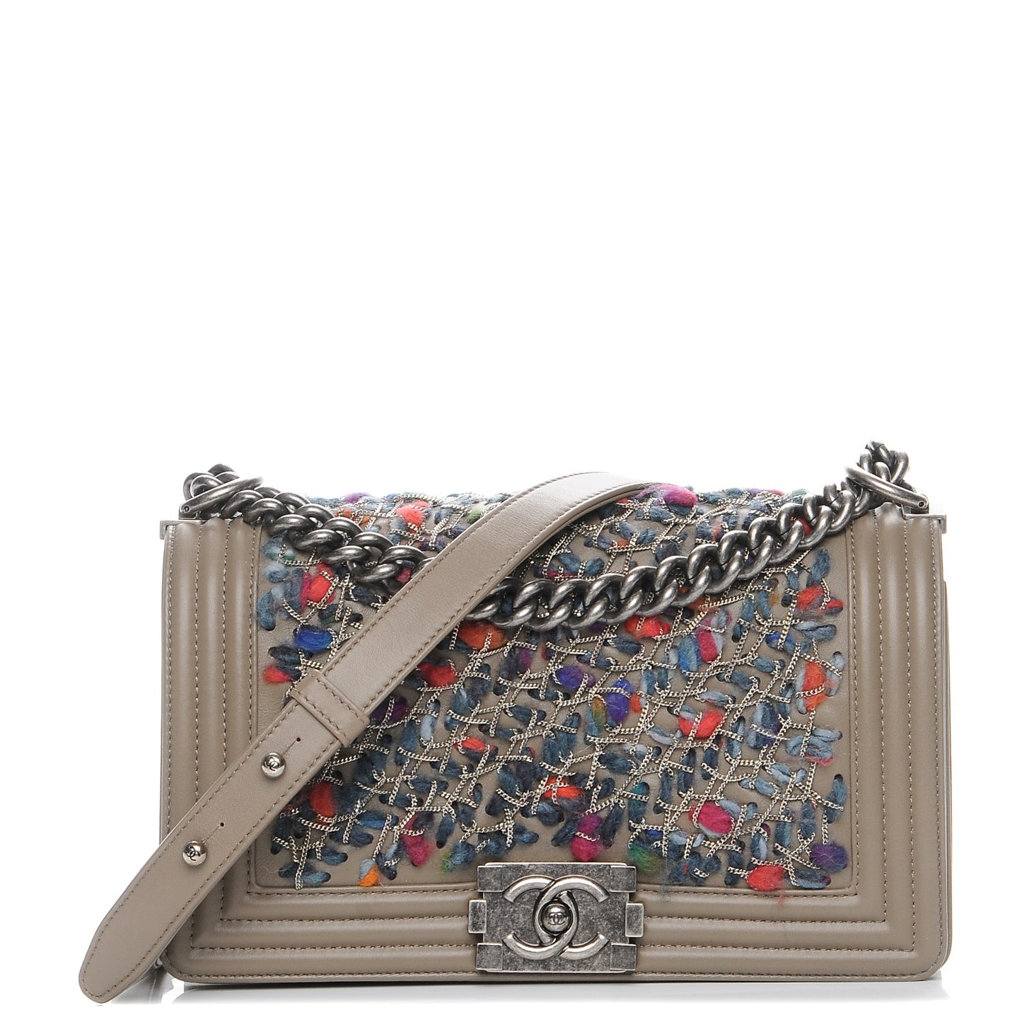 Calfskin Tweed Medium Boy Flap Dark Beige