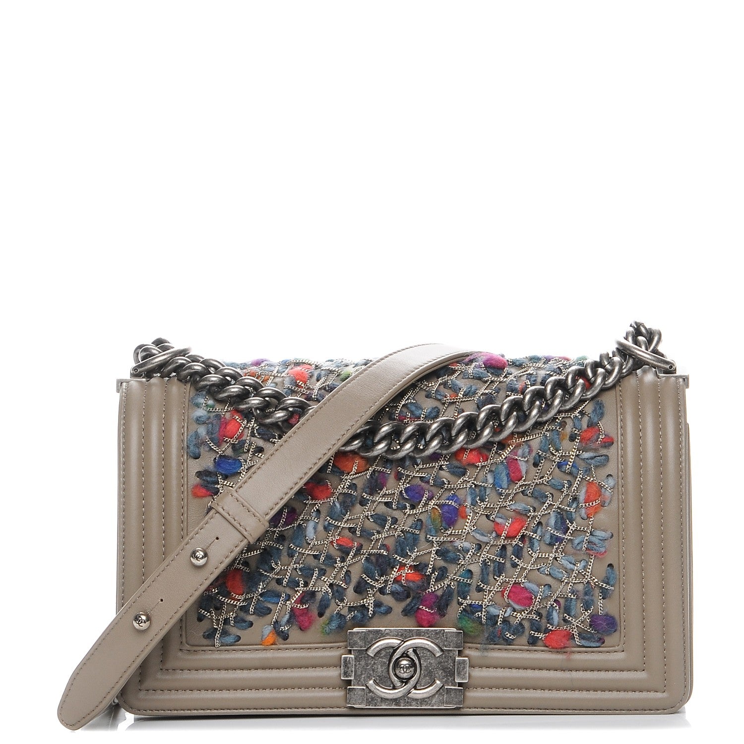 Chanel Calfskin Tweed Medium Boy Flap Dark Beige 1 of 8