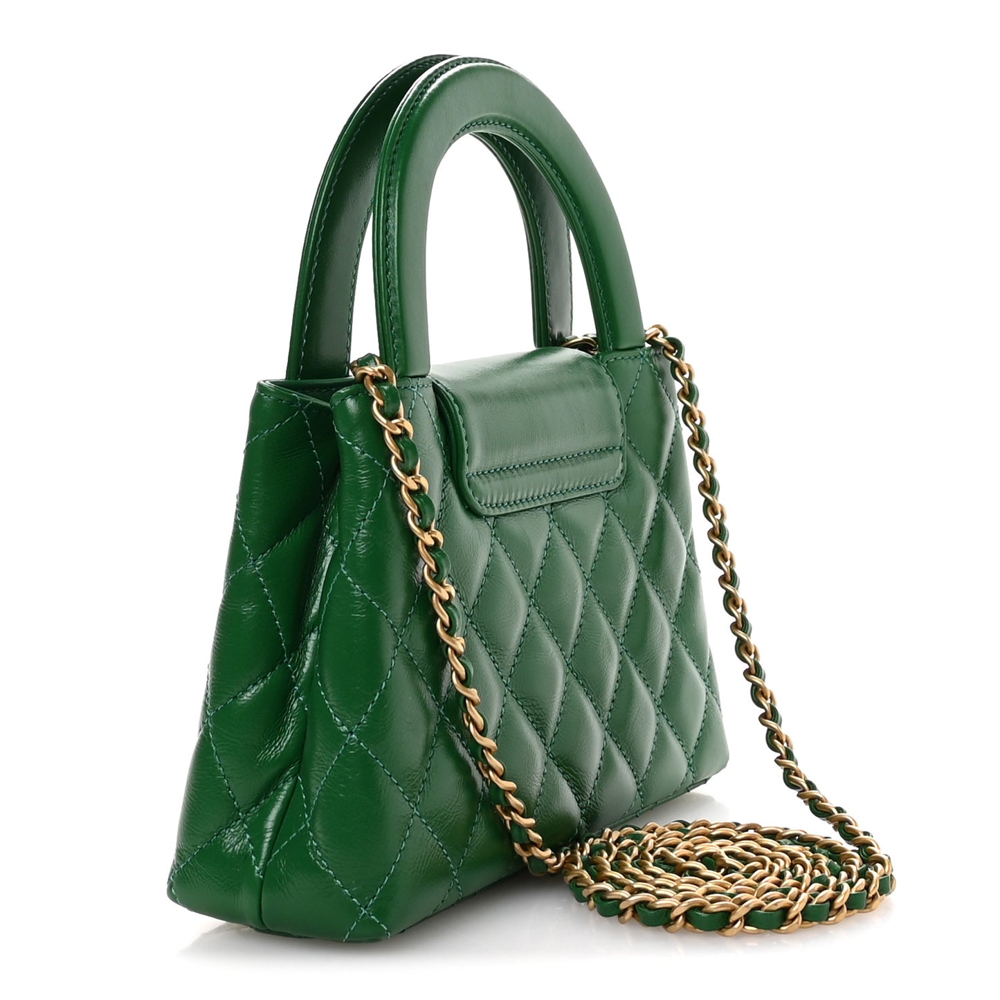 Shiny Aged Calfskin Quilted Nano Kelly Shopper Green