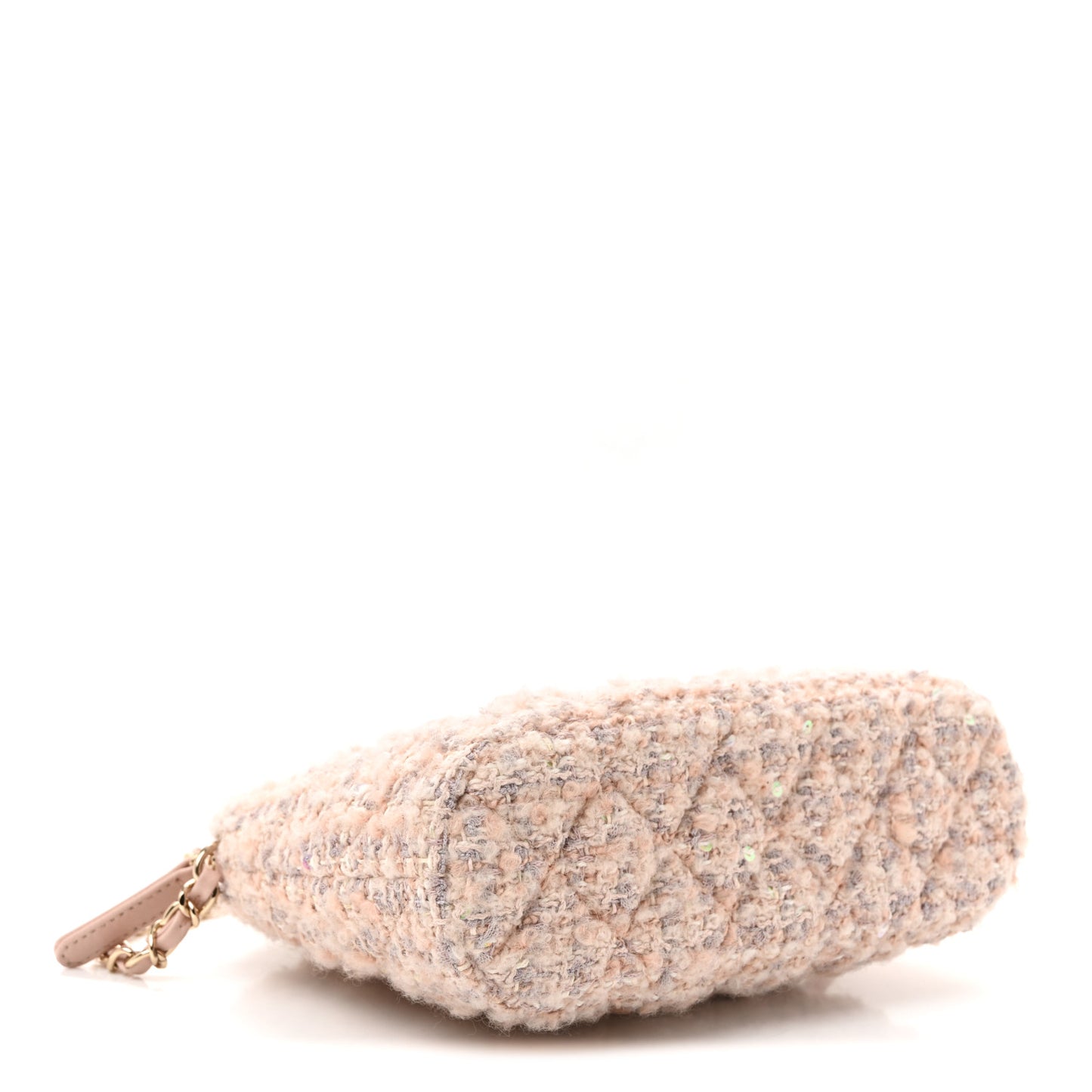 Cotton Wool Tweed Sequin Quilted Shiny Coco Clutch With Chain Light Pink Beige Ecru