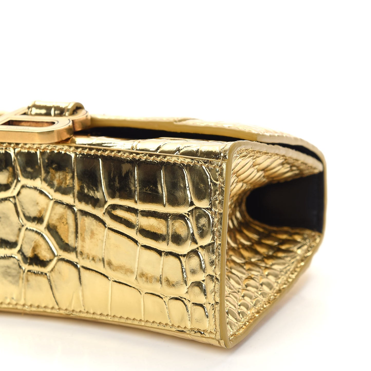 Metallic Calfskin Crocodile Embossed Hourglass Top Handle Bag XS Gold