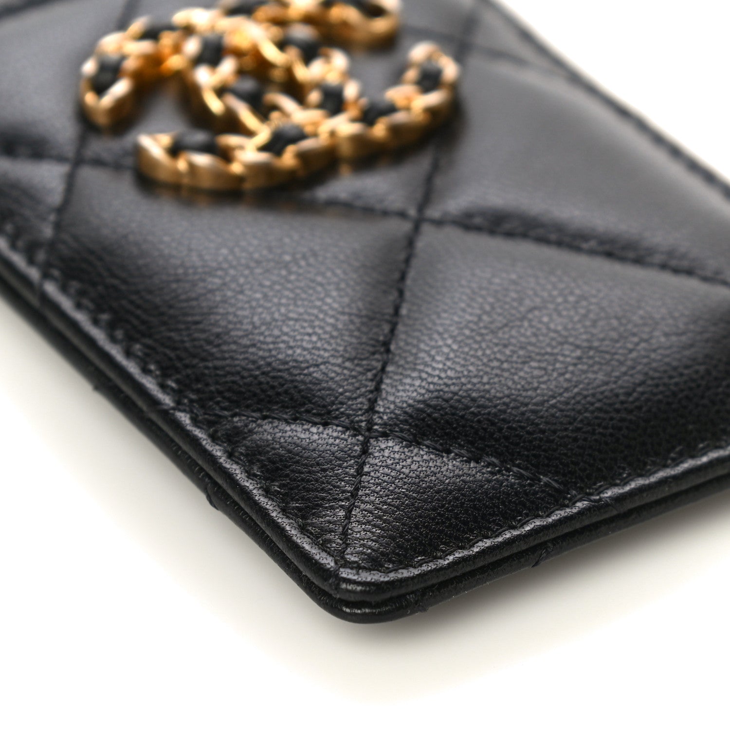 Chanel Shiny Goatskin Quilted Chanel 19 Card Holder On Chain Black 9 of 11