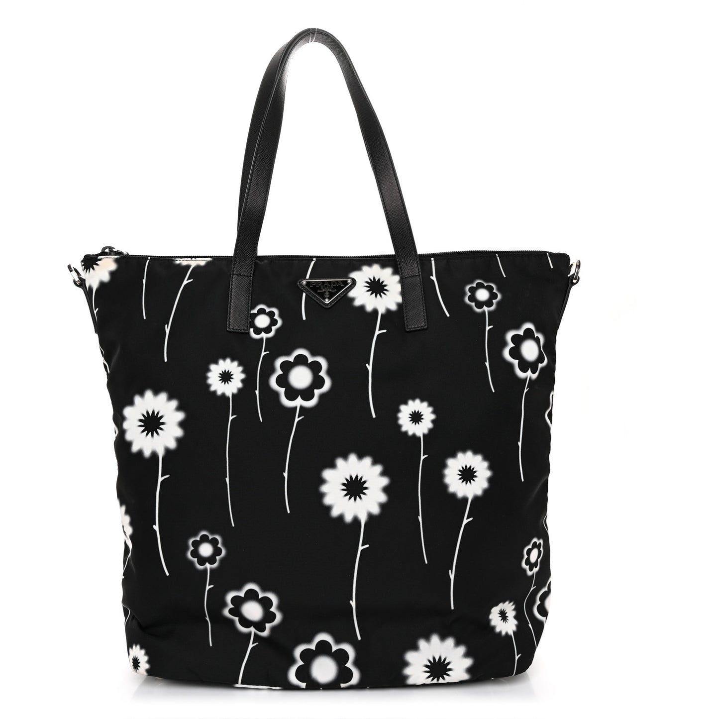 Tessuto Stampato Nylon Saffiano Floral Print Tote Black White