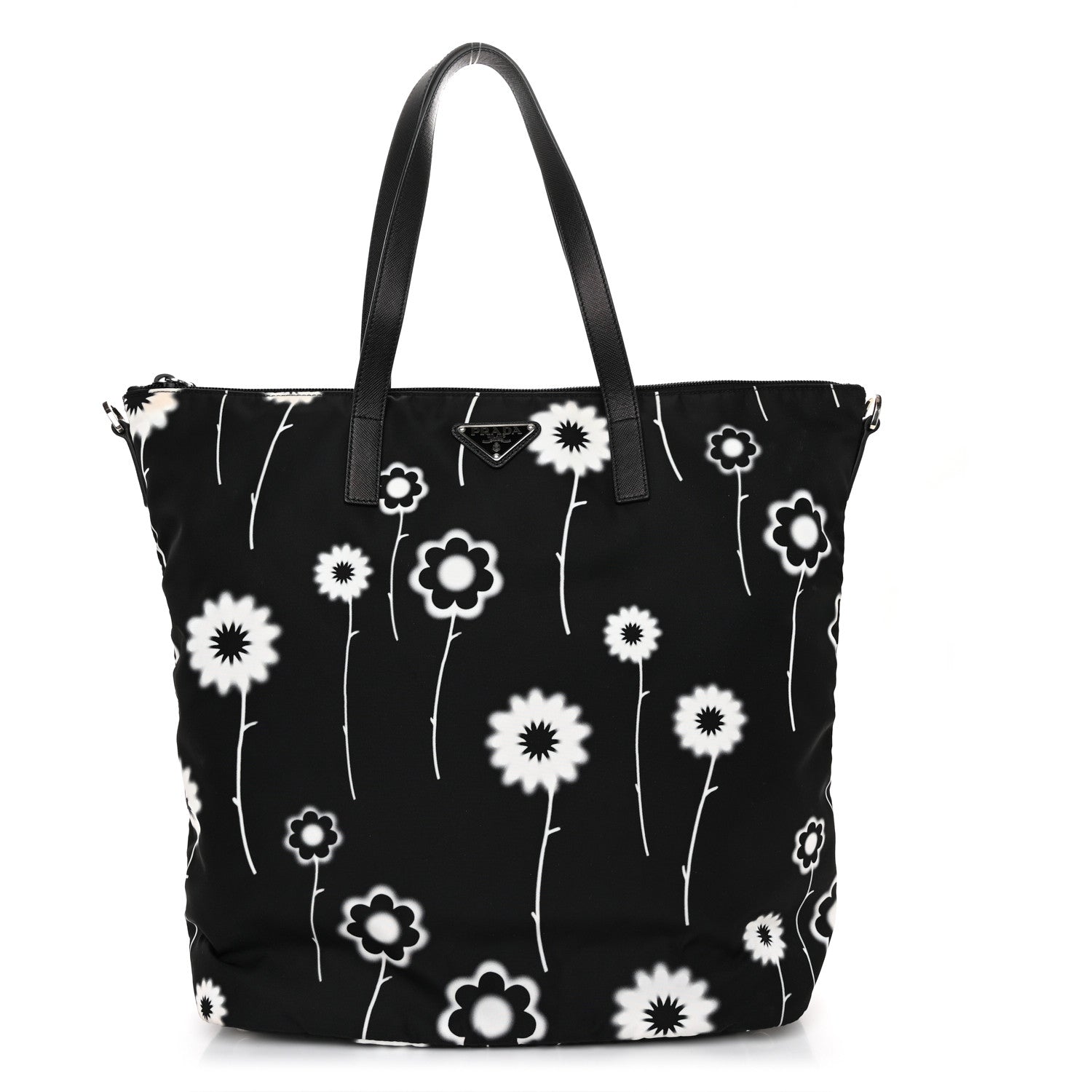 Prada Tessuto Stampato Nylon Saffiano Floral Print Tote Black White 1 of 11