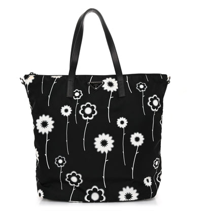 Prada Tessuto Stampato Nylon Saffiano Floral Print Tote Black White 1 of 11