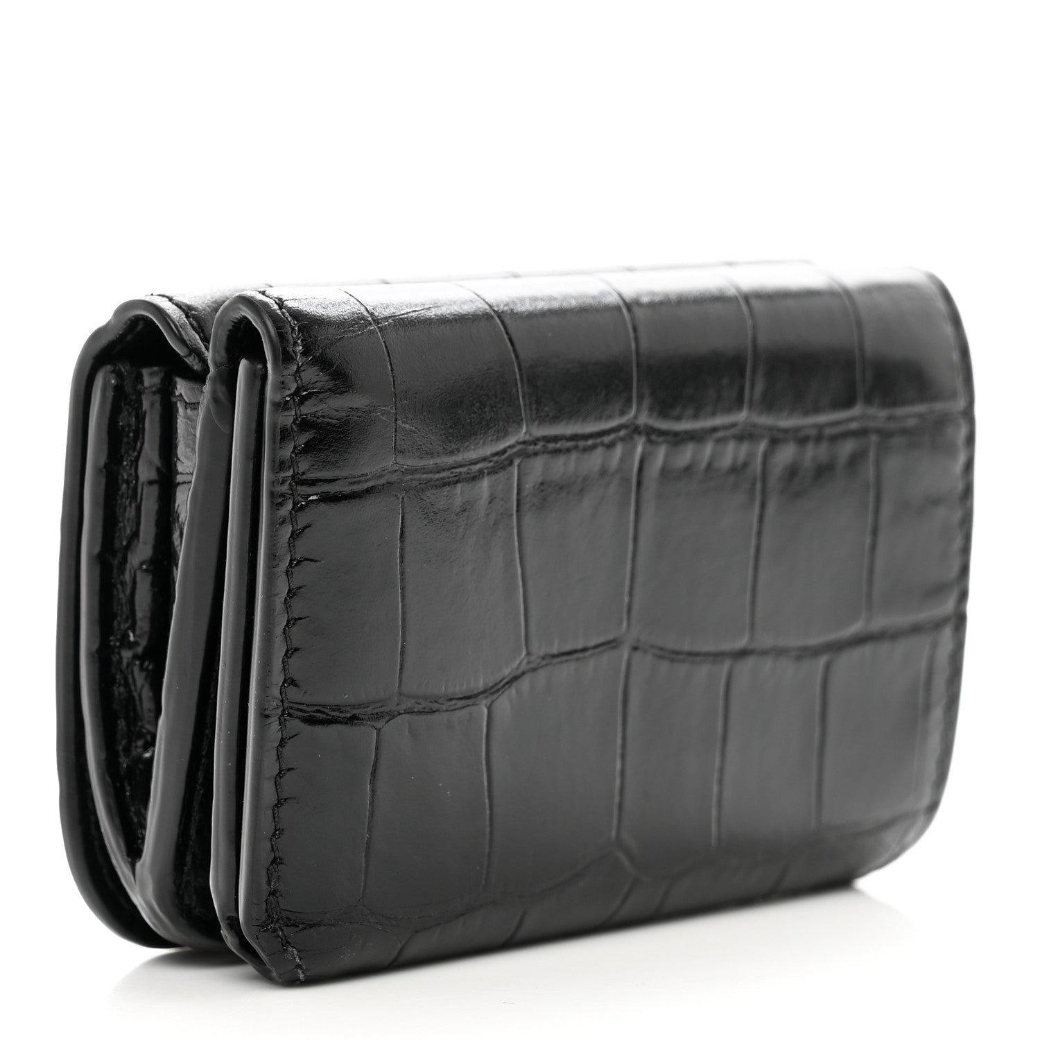 Balenciaga Shiny Calfskin Crocodile Embossed Mini BB Card Case Wallet Black 3 of 8