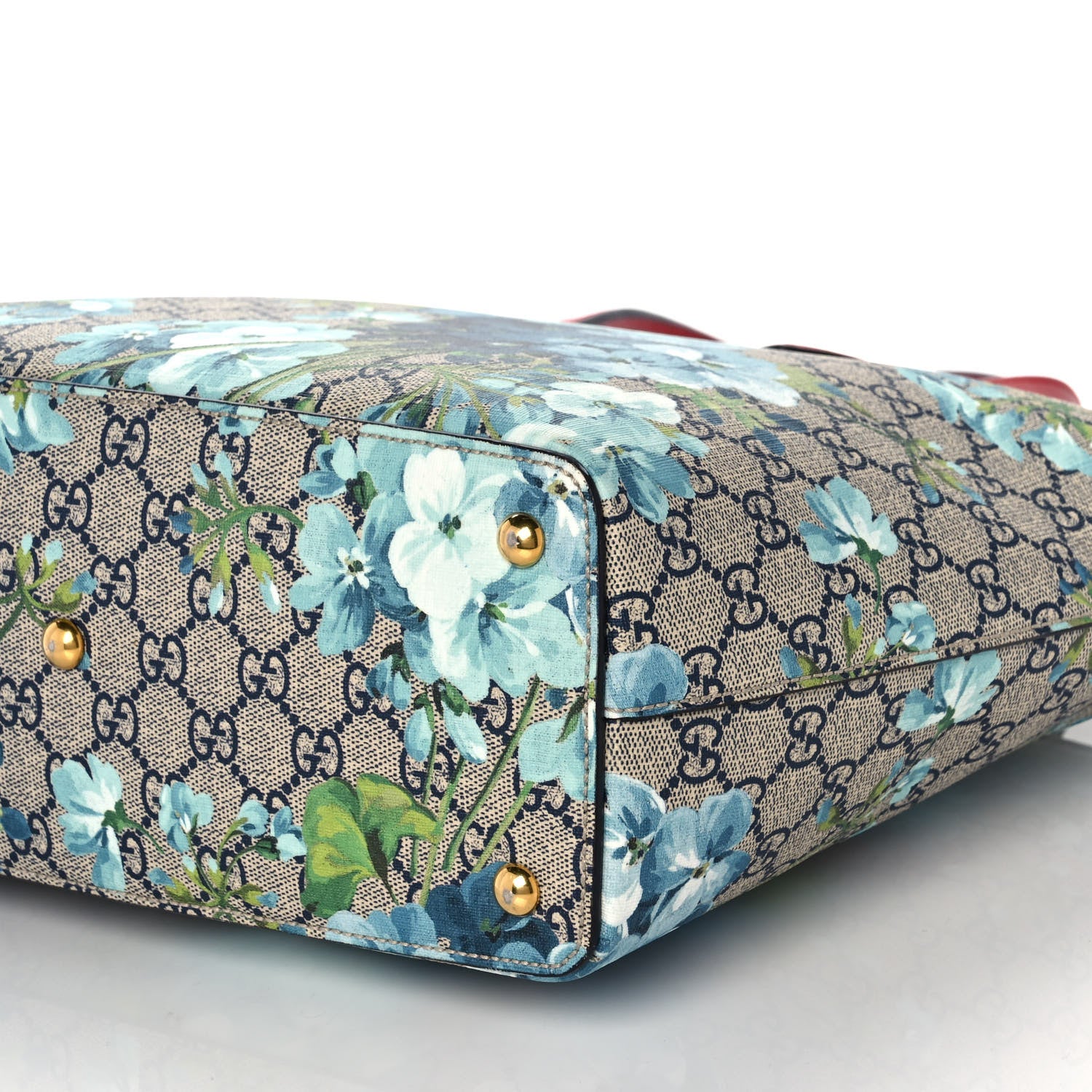 Gucci GG Supreme Monogram Blooms Medium Zippered Bucket Tote Beige Blue Navy Hibiscus Red 11 of 13