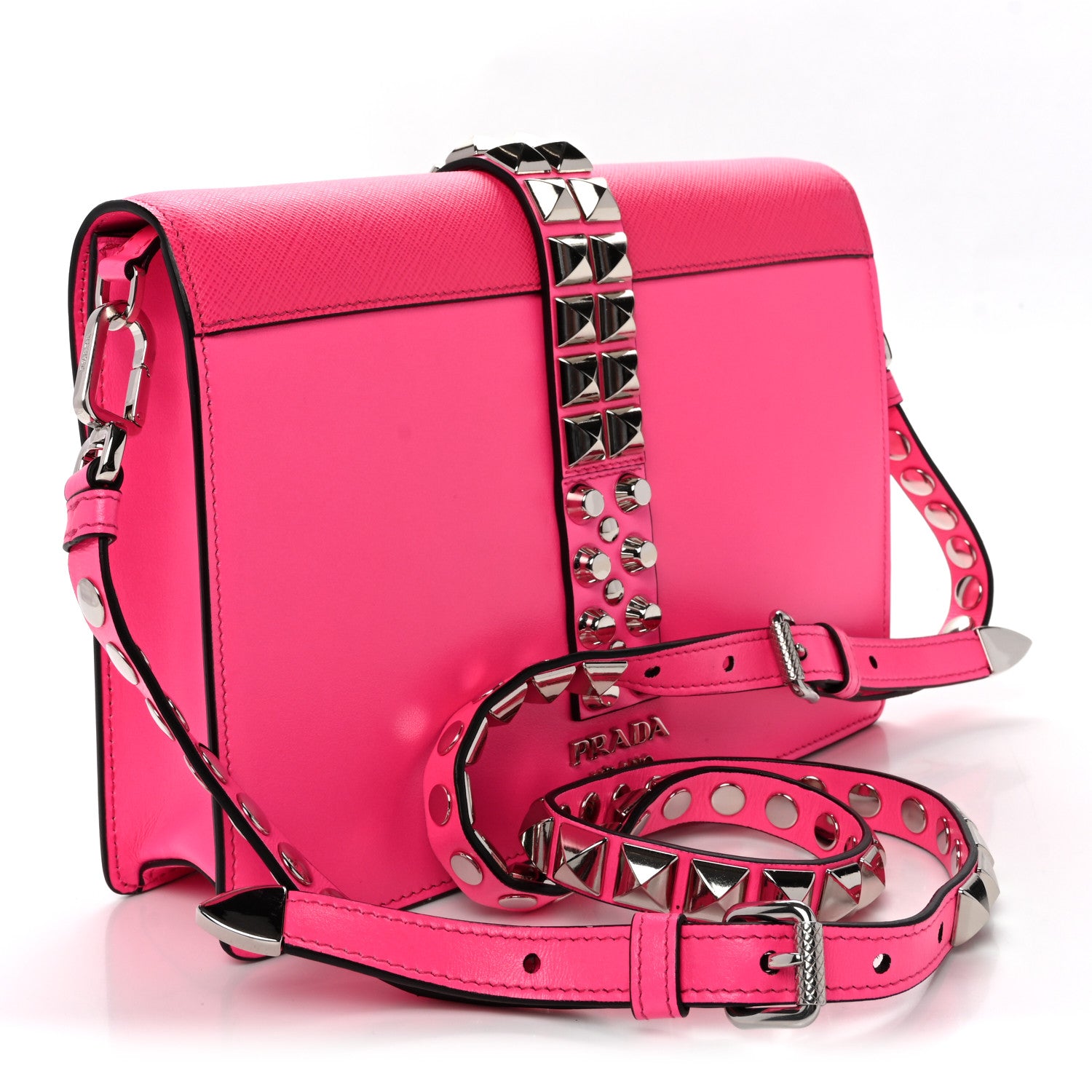 Prada Saffiano City Calfskin Studded Large Elektra Shoulder Bag Fuchsia Black 3 of 9
