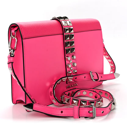 Prada Saffiano City Calfskin Studded Large Elektra Shoulder Bag Fuchsia Black 3 of 9