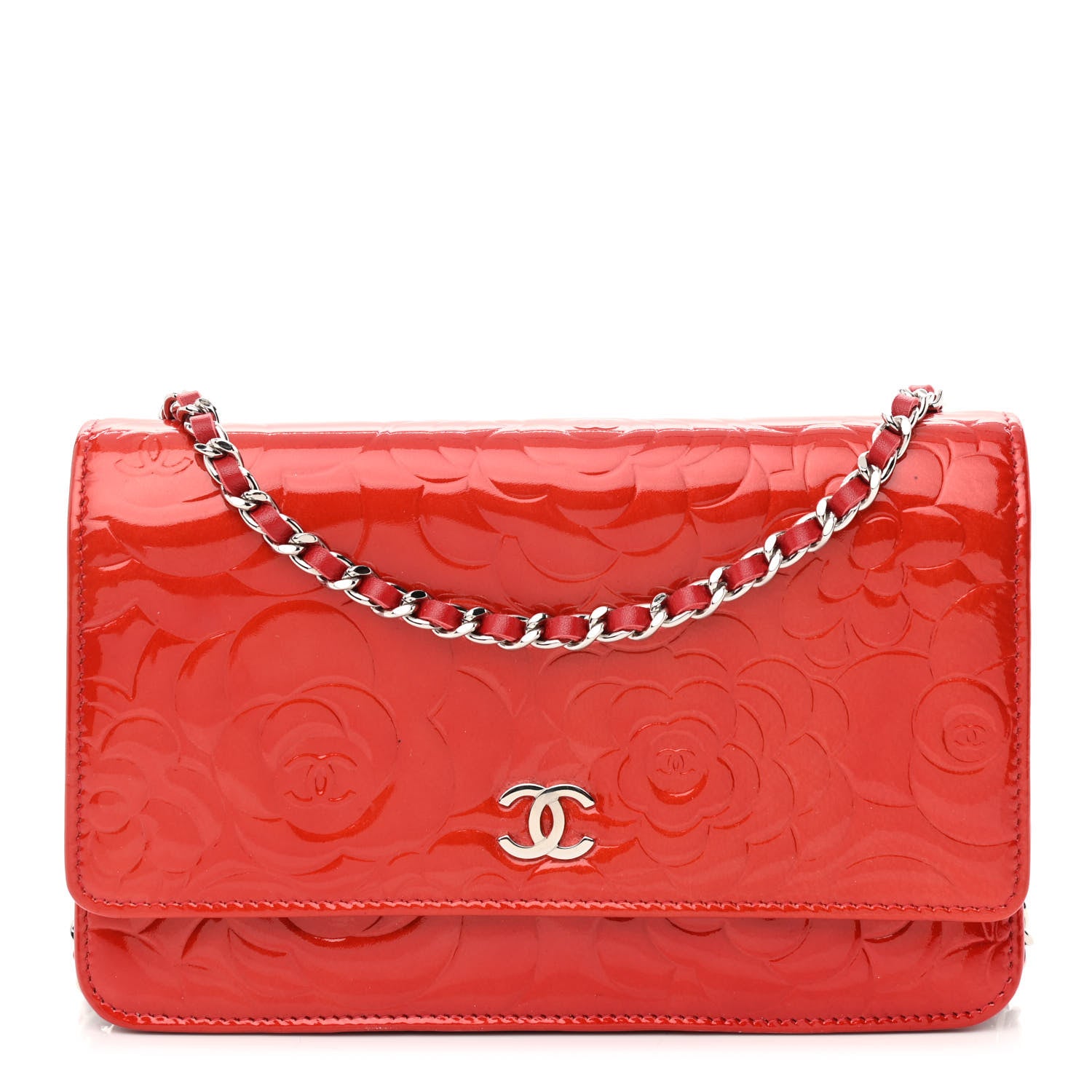 Chanel Patent Camellia Embossed Wallet On Chain WOC Dark Red 1 of 12