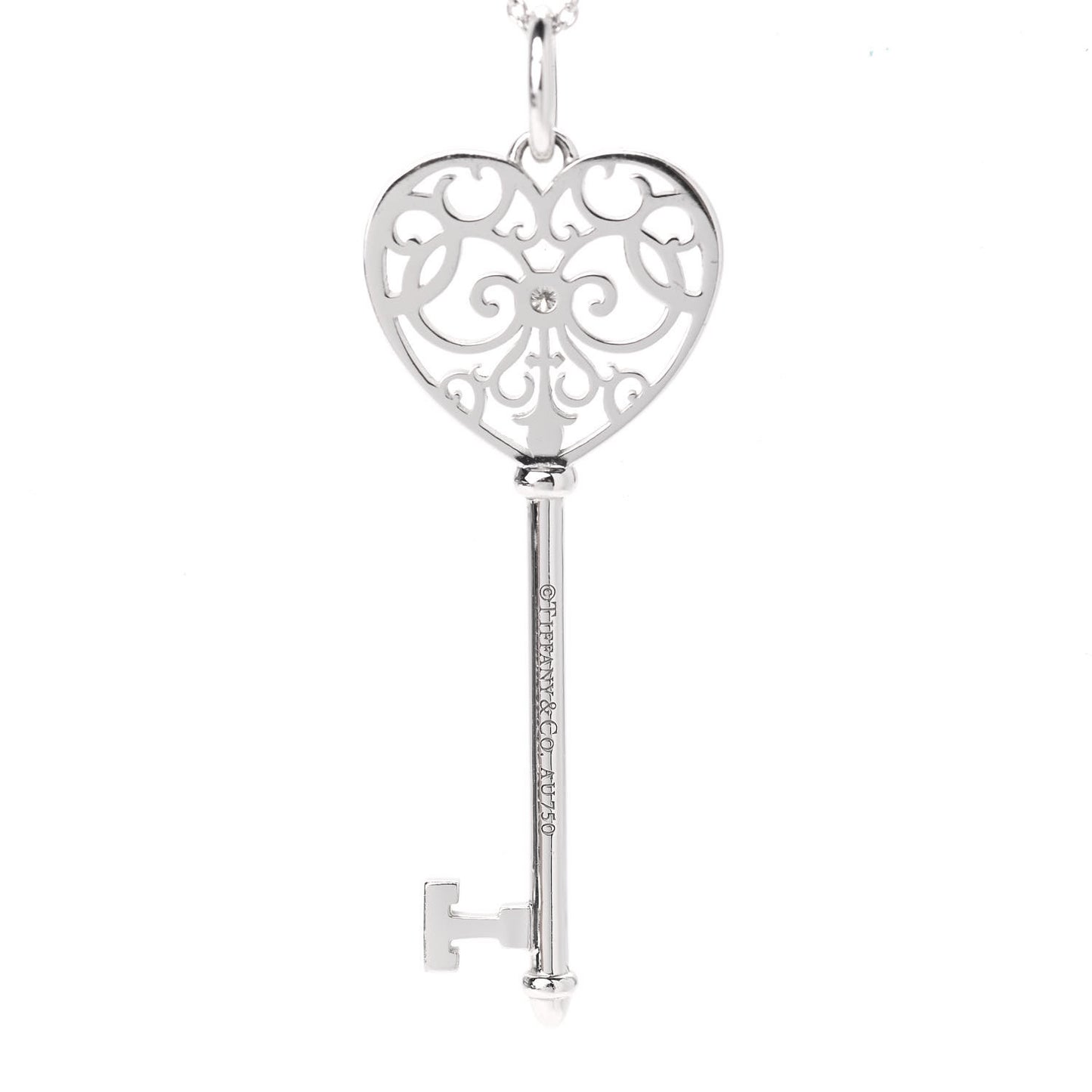 18K White Gold Diamond Enchant Heart Key Pendant Necklace
