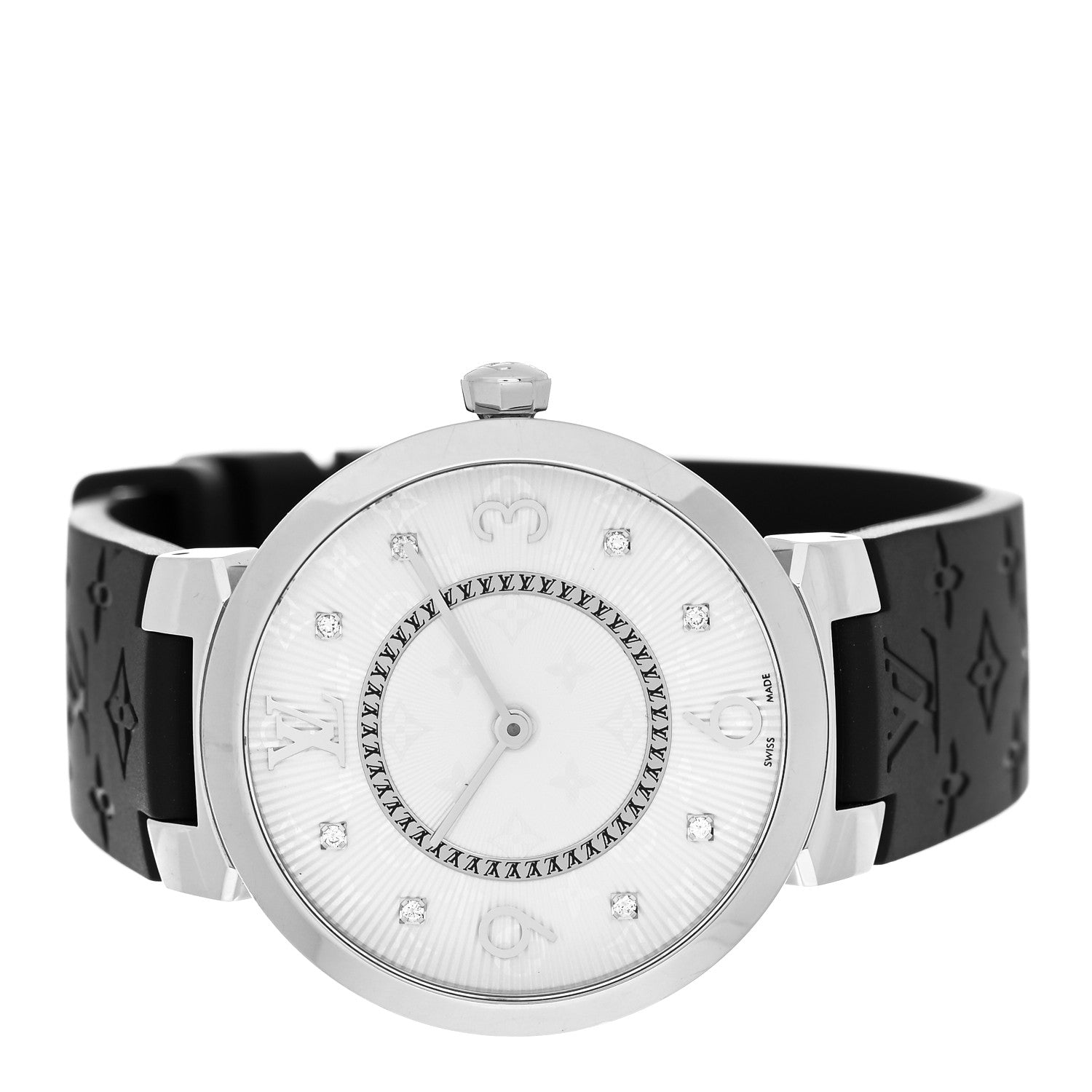 Louis Vuitton Stainless Steel Rubber Diamond 33mm Tambour Slim Quartz Watch 2 of 5