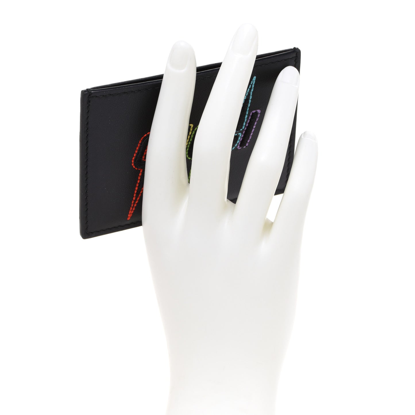 Calfskin Blade Embroidered Card Case Black