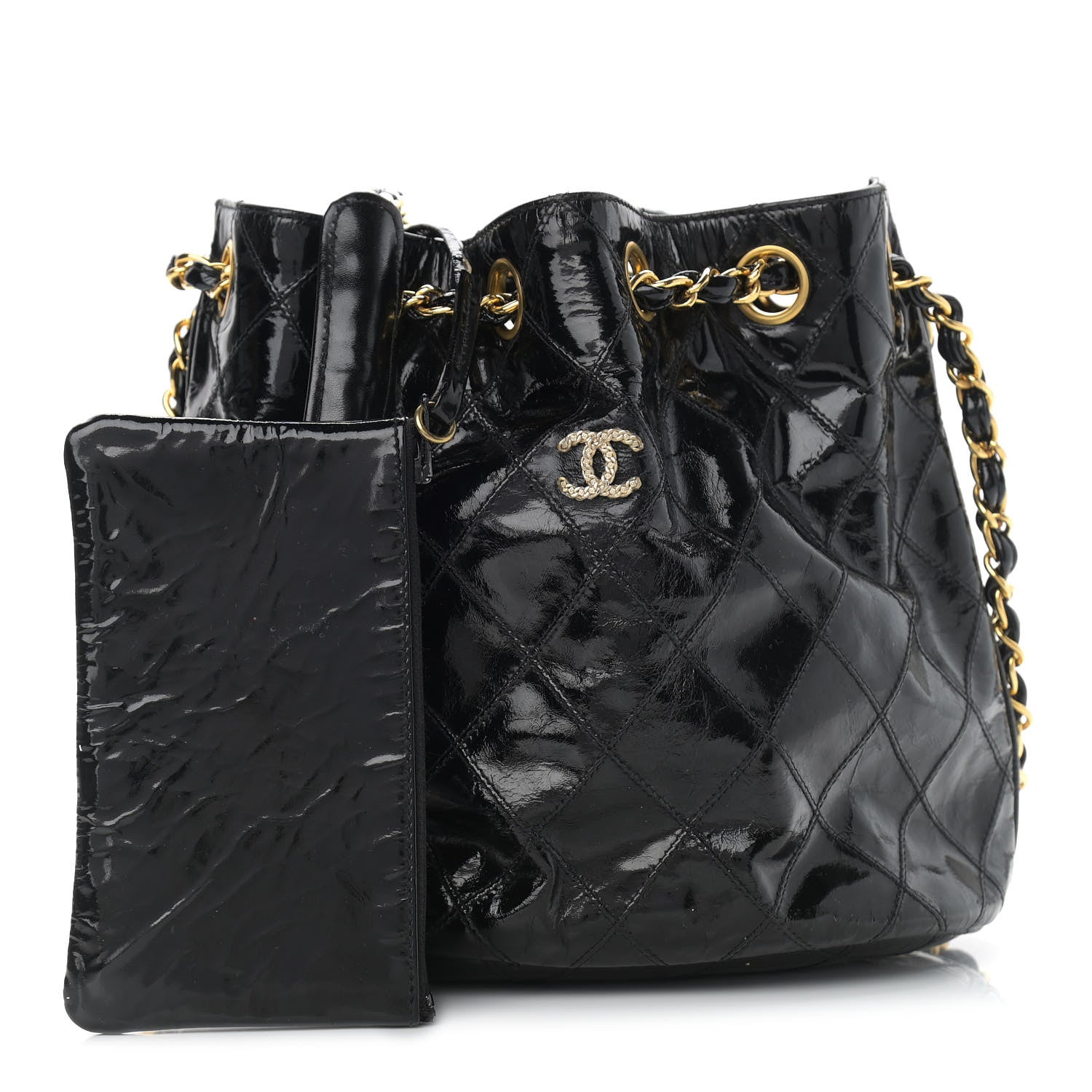 Chanel Patent Stitched Drawstring Shoulder Bag Black 1 of 14