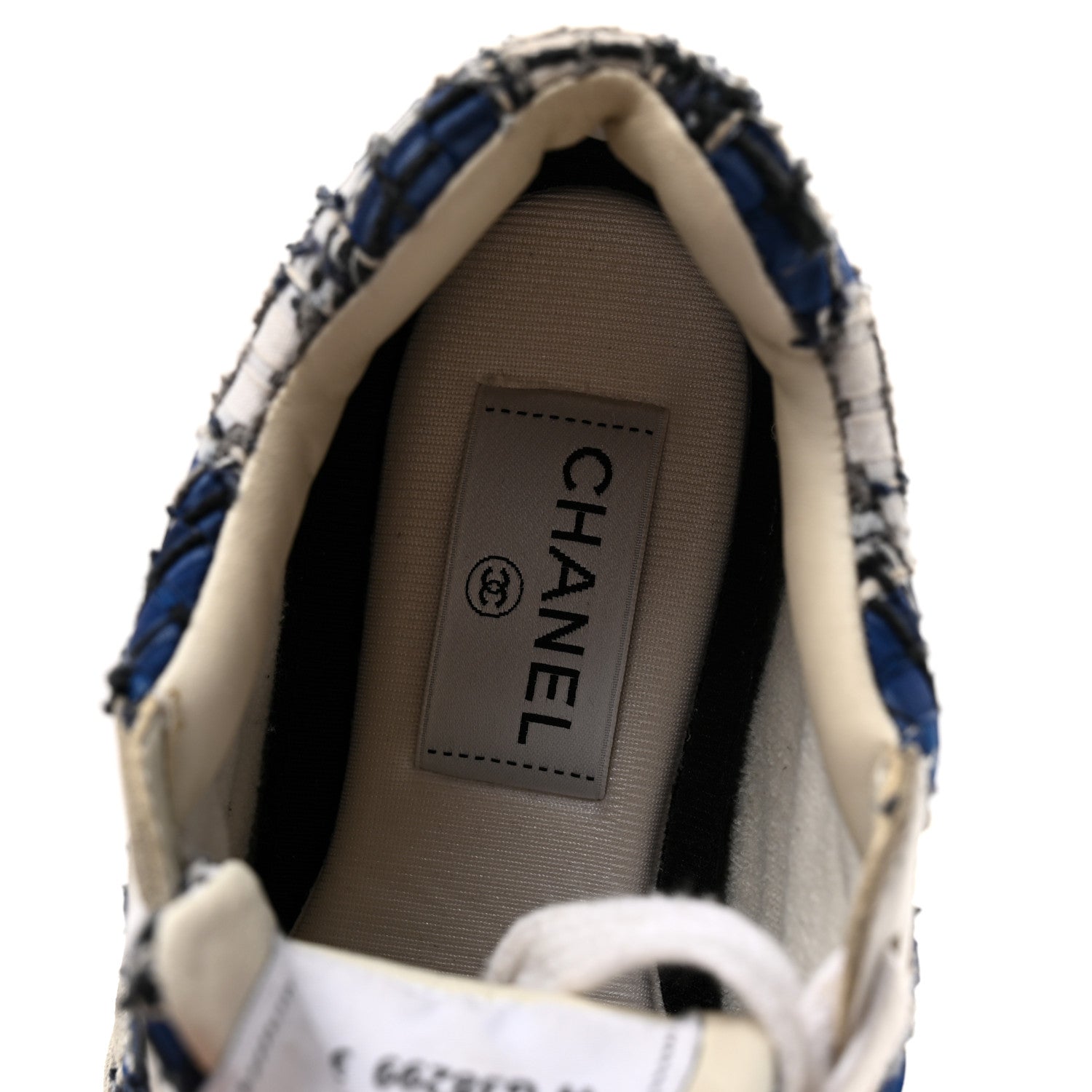 Chanel Tweed Suede Calfskin Womens CC Sneakers 37 Dark Blue Black Grey White 7 of 9