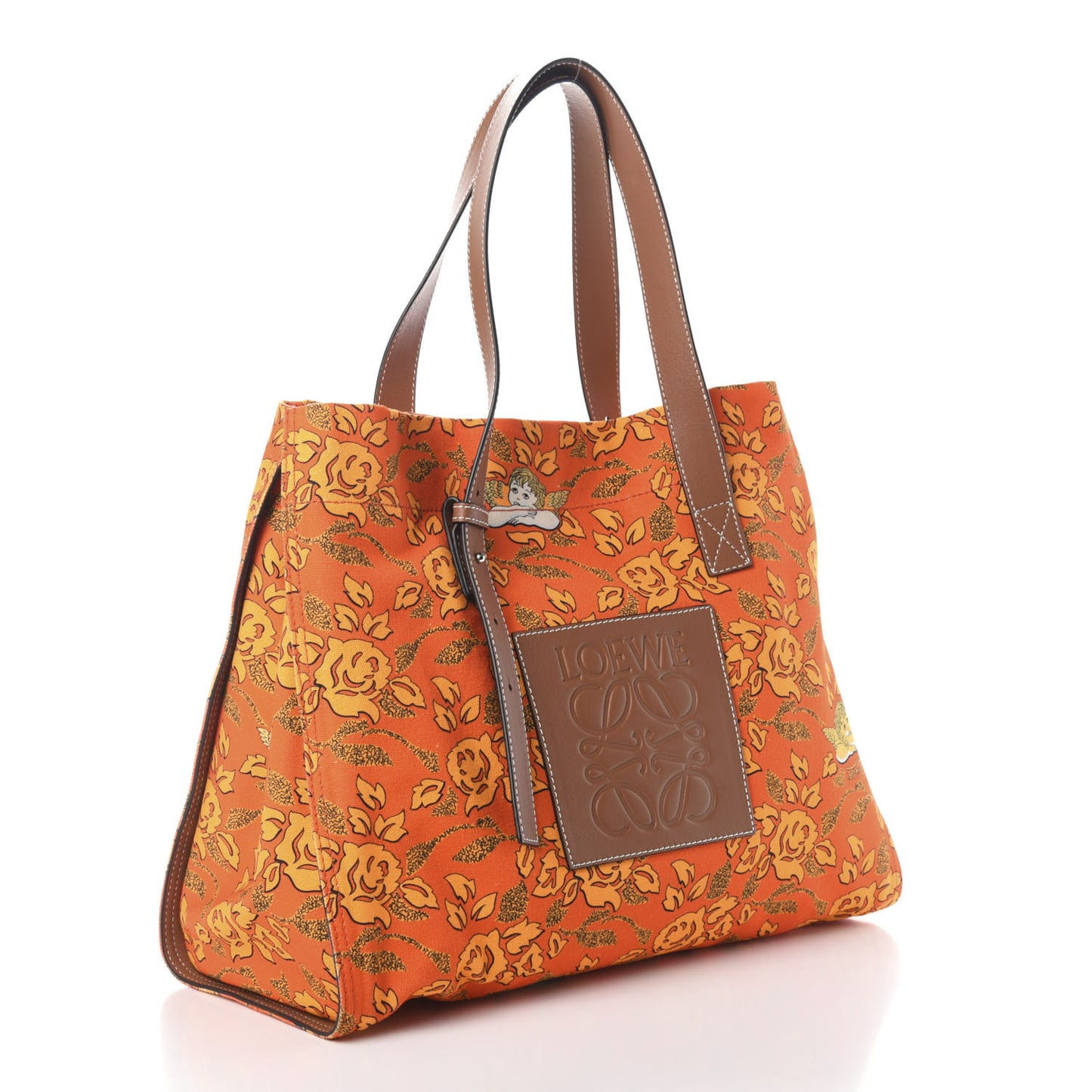 Canvas Calfskin Ibiza Floral Print Paulas Tote Orange