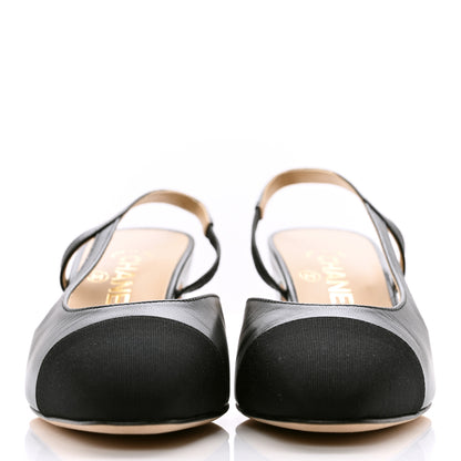 Chanel Goatskin Grosgrain Cap Toe CC Slingback Pumps 37.5 Black 3 of 10