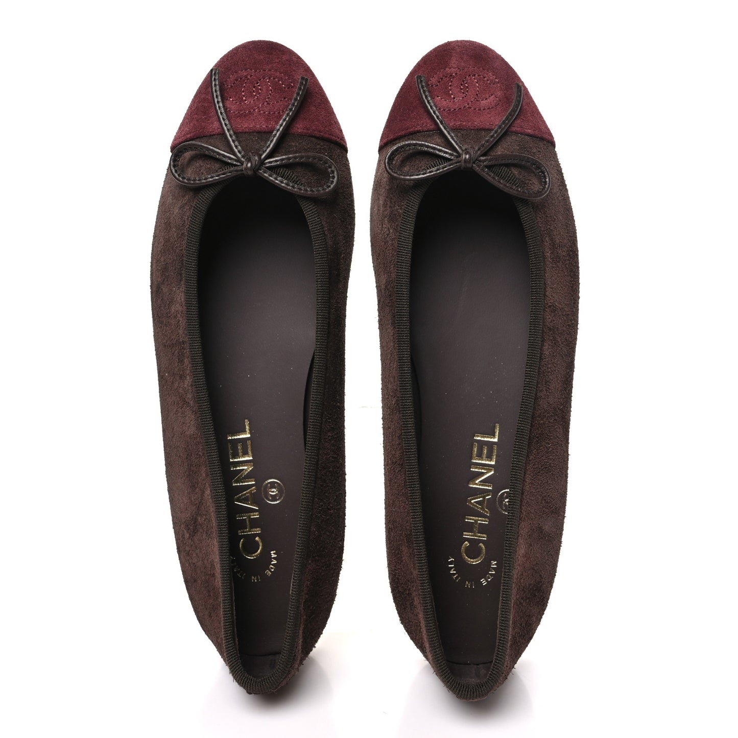 Suede Calfskin Cap Toe CC Ballerina Flats 37.5 Dark Brown Burgundy