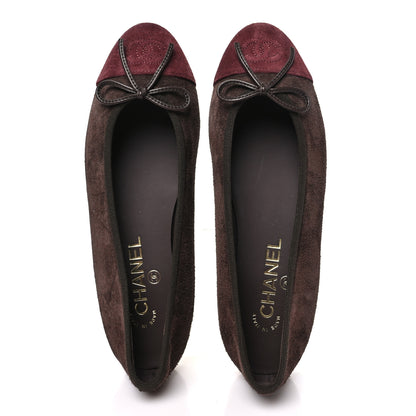 Chanel Suede Calfskin Cap Toe CC Ballerina Flats 37.5 Dark Brown Burgundy 2 of 10
