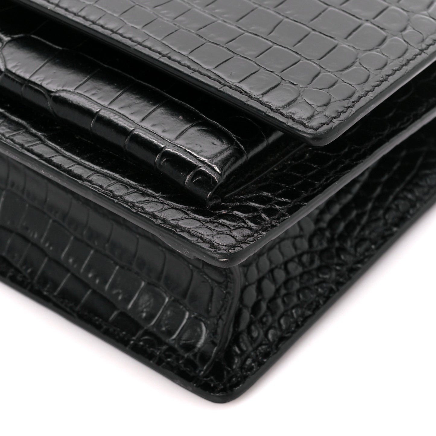 Calfskin Crocodile Embossed Monogram Sunset Chain Wallet Black