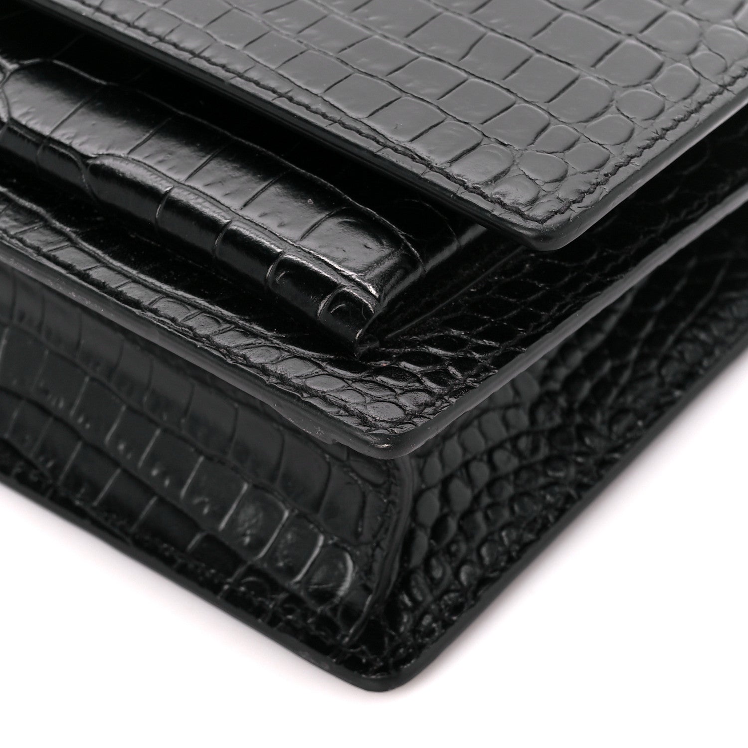 Saint Laurent Calfskin Crocodile Embossed Monogram Sunset Chain Wallet Black 9 of 9