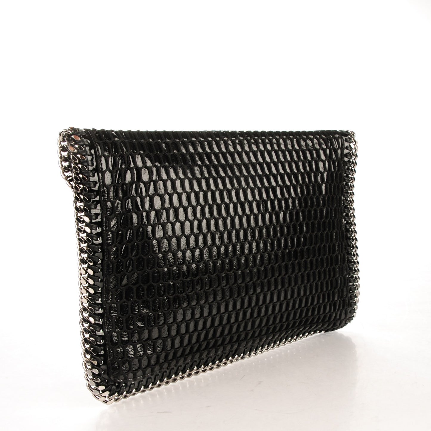 Patent Net Fold Over Falabella Clutch Black
