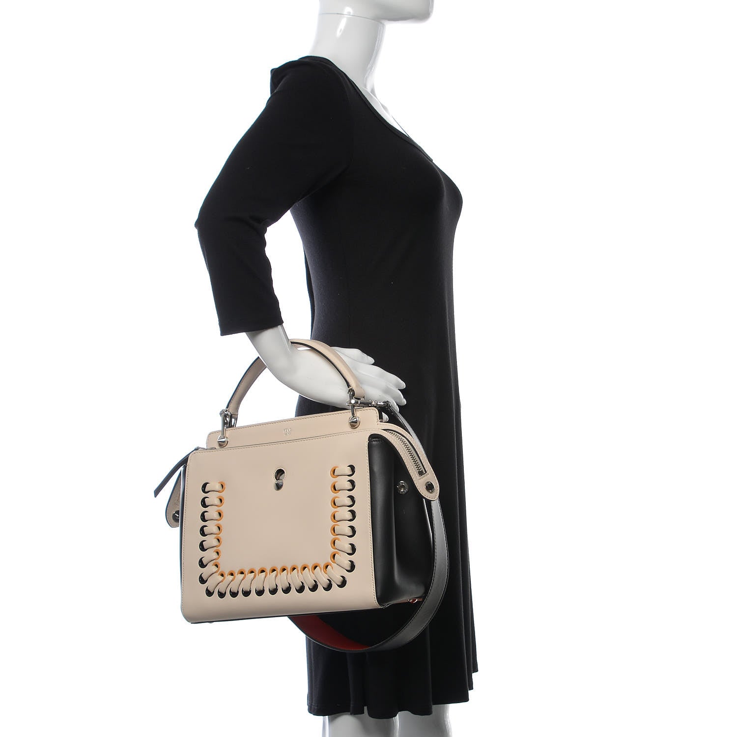Fendi Vitello Baltico Shiny Nappa Lace Up DotCom Satchel Camelia Black Multicolor 3 of 15