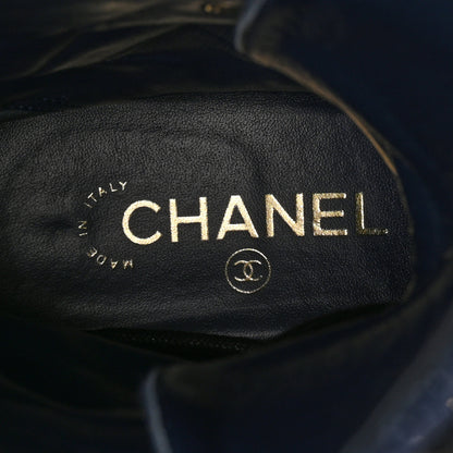 Chanel Fabric Patent Lambskin Quilted CC Lace Up Combat Boots 37 Navy Blue Black 8 of 11