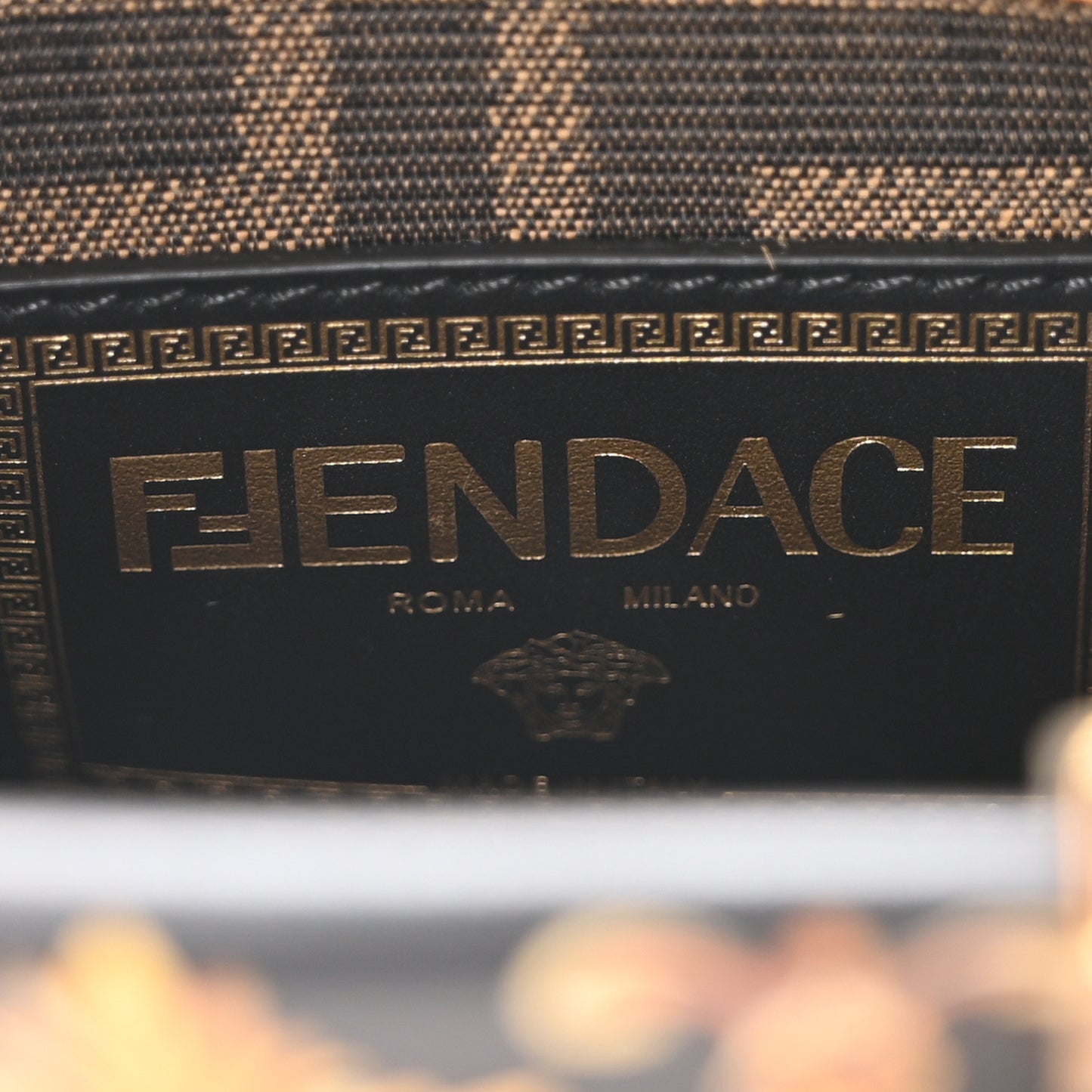 X VERSACE Vitello King Catalan Mirror Plexiglass Fendace FF Baroque Logo Mini Fendi Sunshine Shopper Tote Black Gold