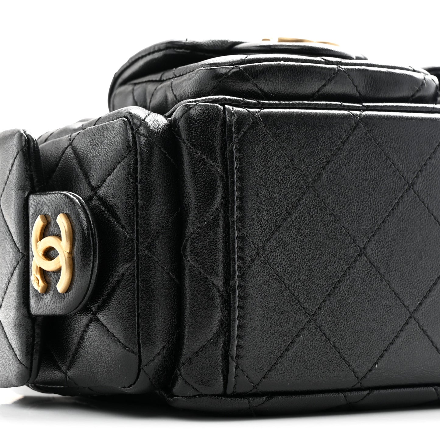 Shiny Lambskin Quilted Trendy Pockets Hobo Black