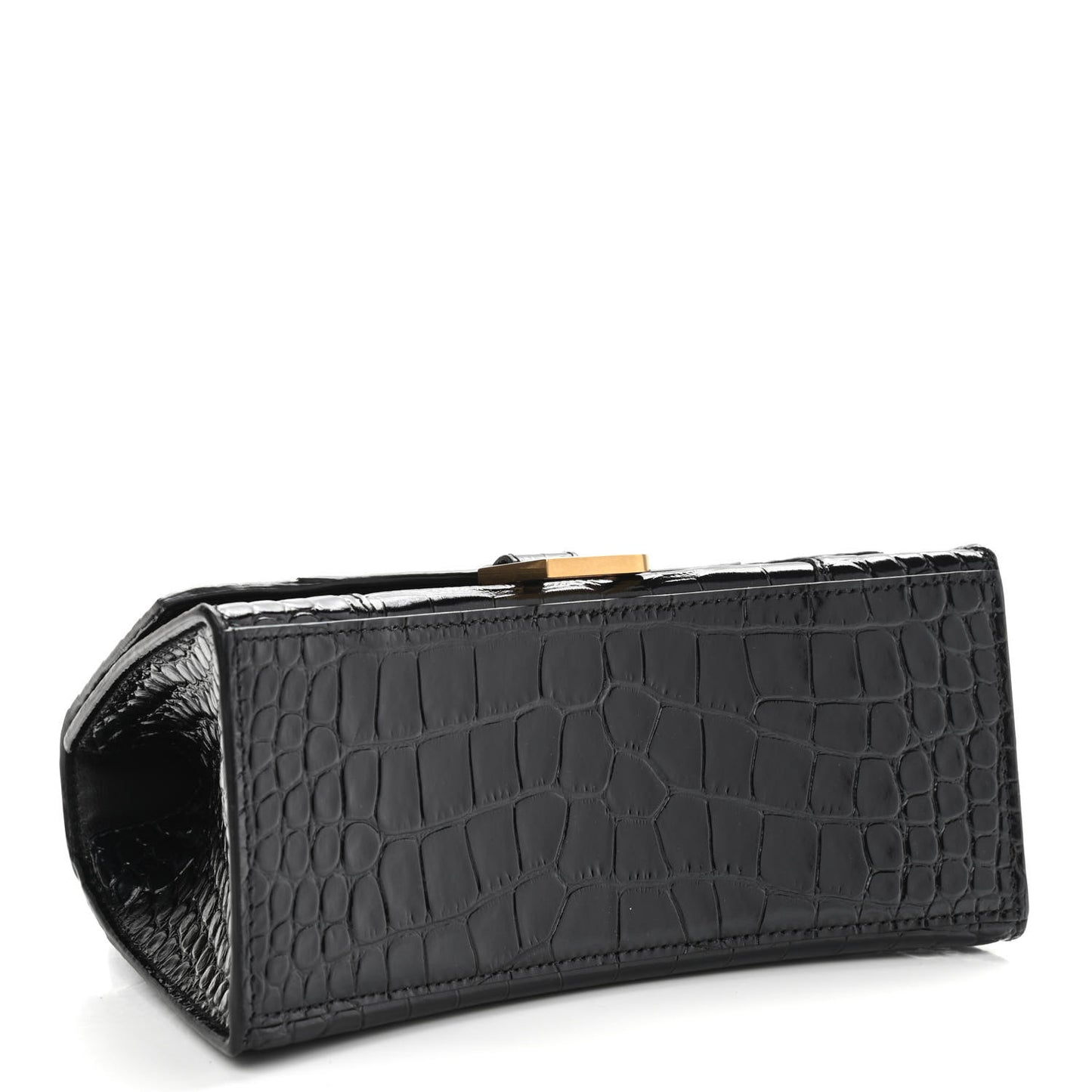 Shiny Calfskin Crocodile Embossed Small Hourglass Top Handle Bag Black