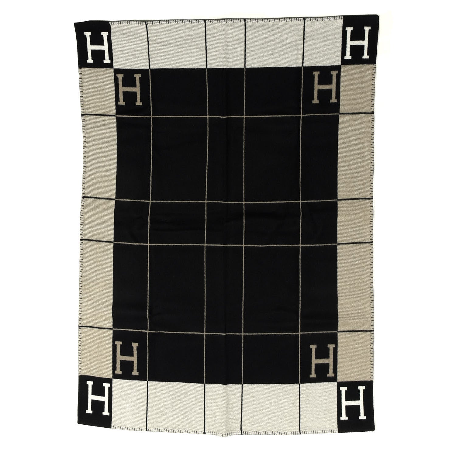 Hermes Wool Cashmere Avalon III Blanket Ecru Black 1 of 3