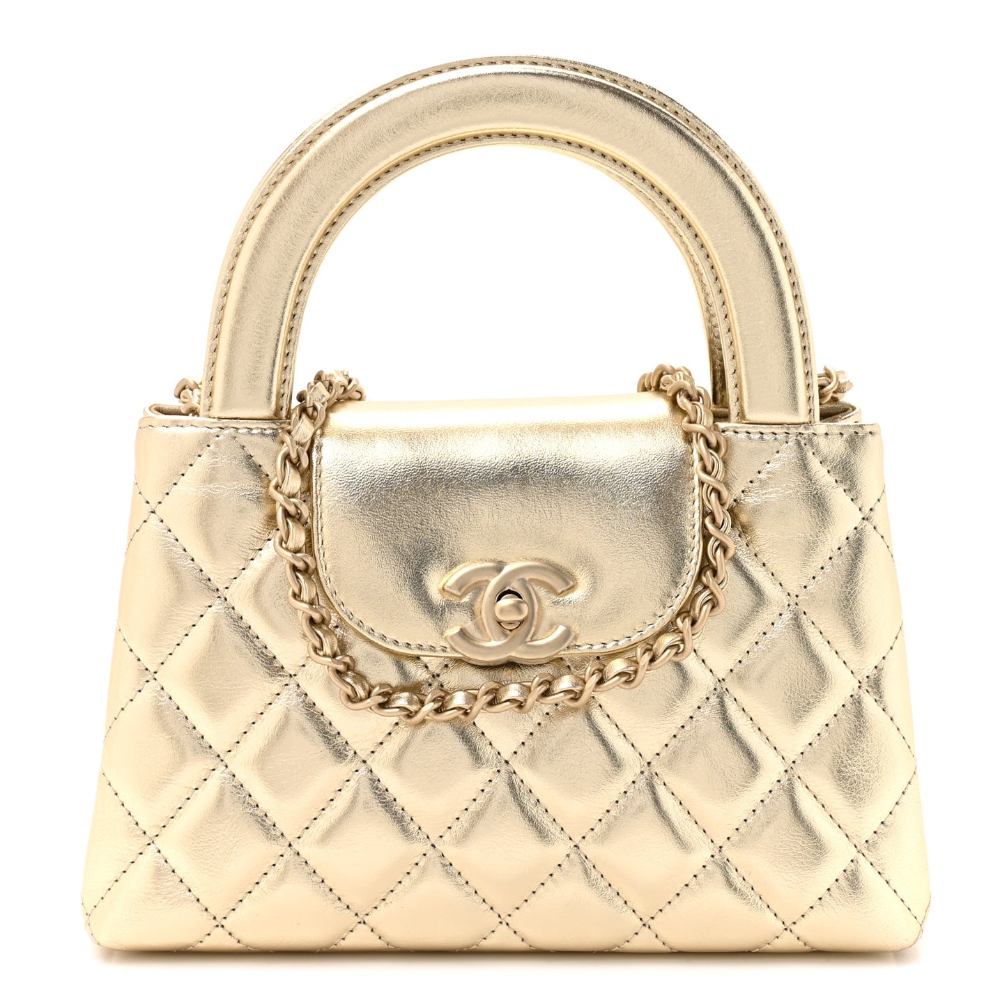 Metallic Shiny Aged Calfskin Quilted Nano Kelly Shopper Gold