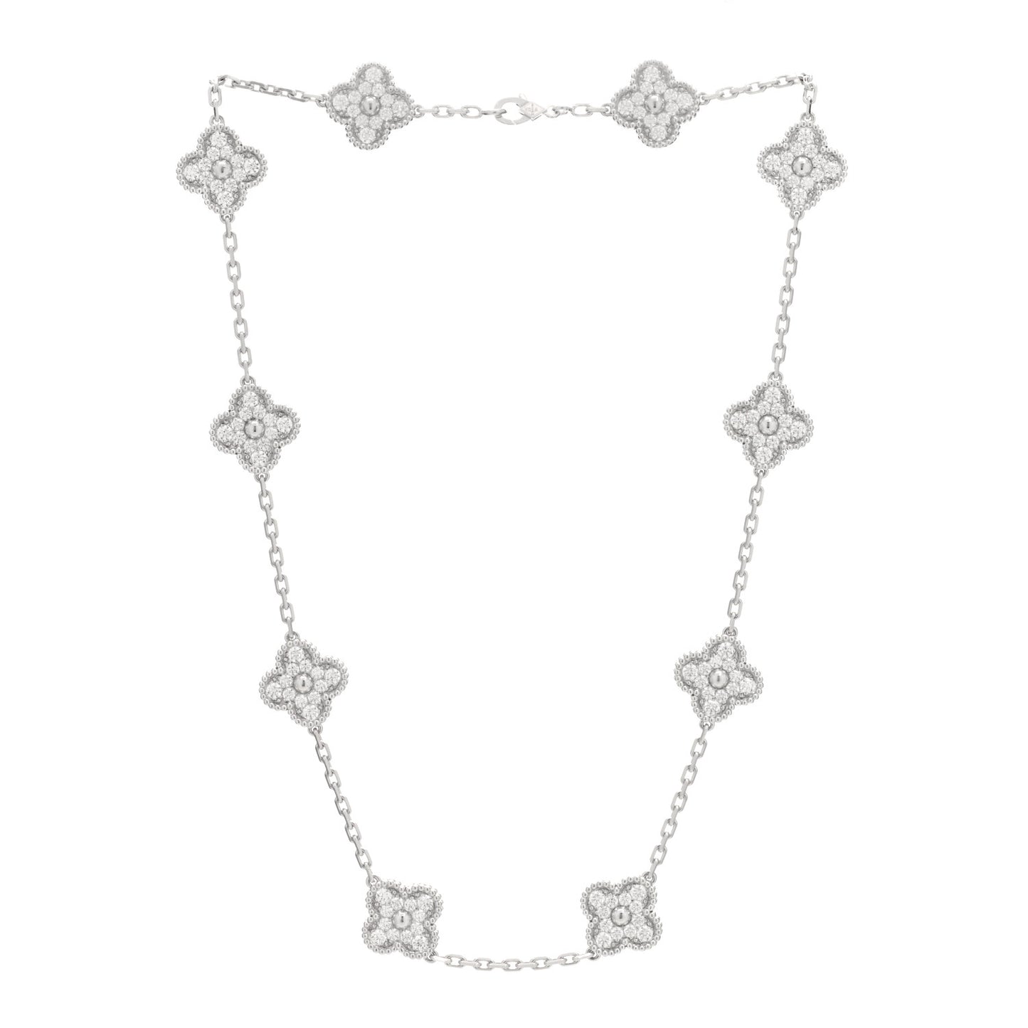 18K White Gold Diamond 10 Motifs Vintage Alhambra Necklace