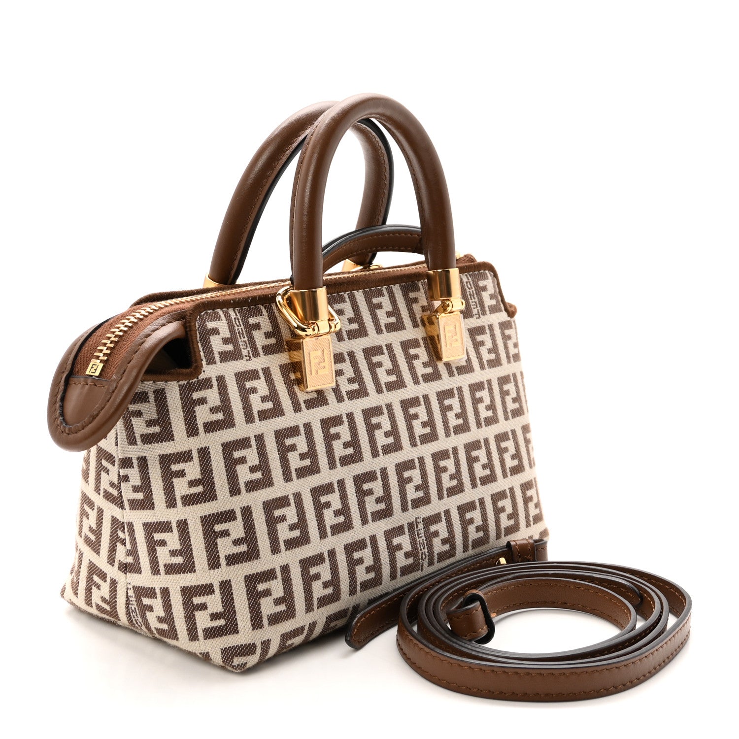 Fendi Vitello Grace Jacquard FF Mini By The Way Top Handle Boston Bag  Gianduia Panna 3 of 10