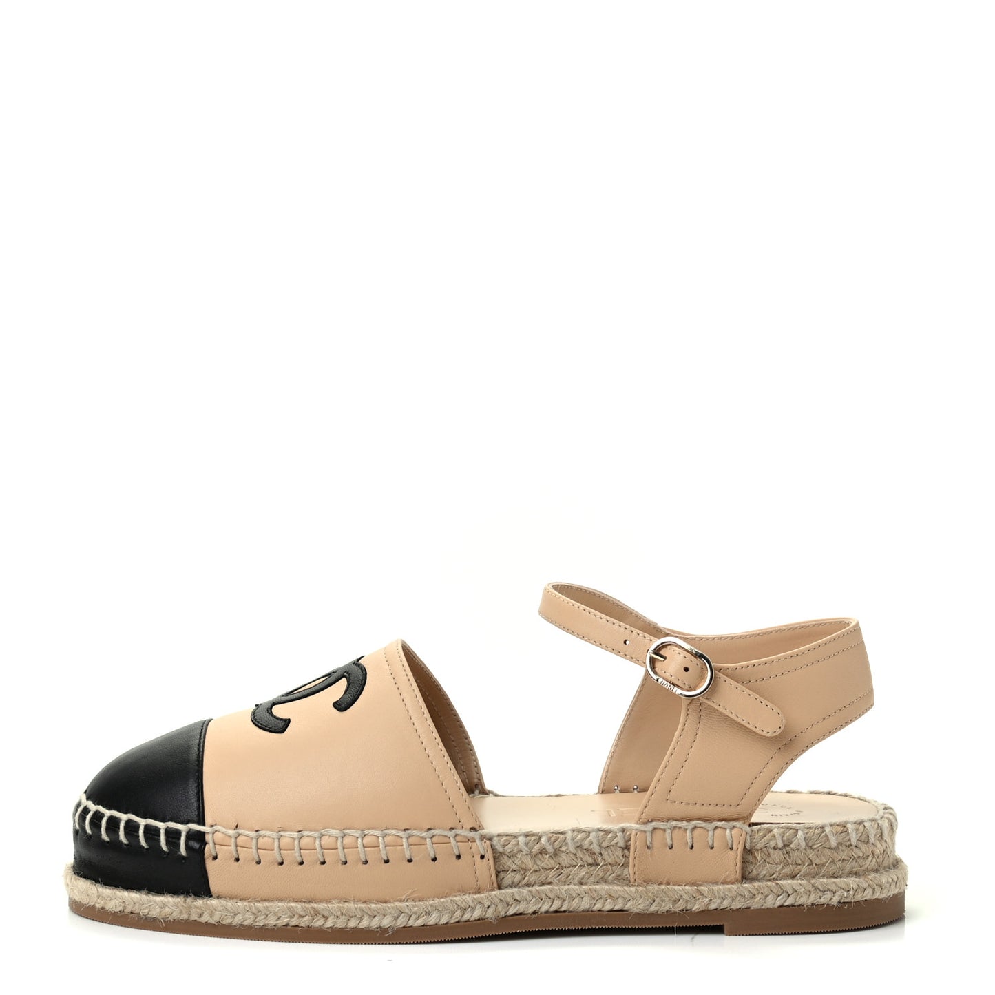 Lambskin Cap Toe CC Espadrille Sandals 37 Beige Black