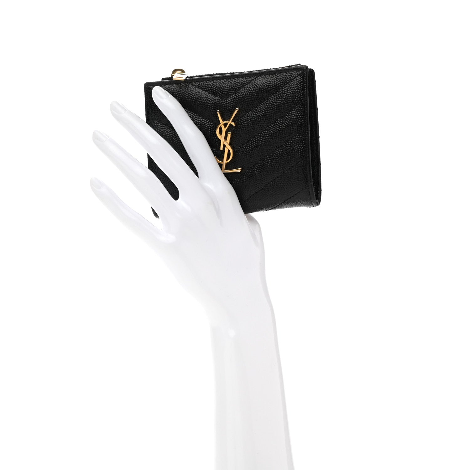 Saint Laurent Grain De Poudre Matelasse Chevron Monogram Zipped Card Case Black 2 of 6