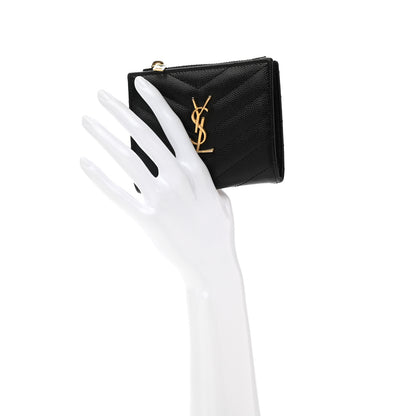 Saint Laurent Grain De Poudre Matelasse Chevron Monogram Zipped Card Case Black 2 of 6