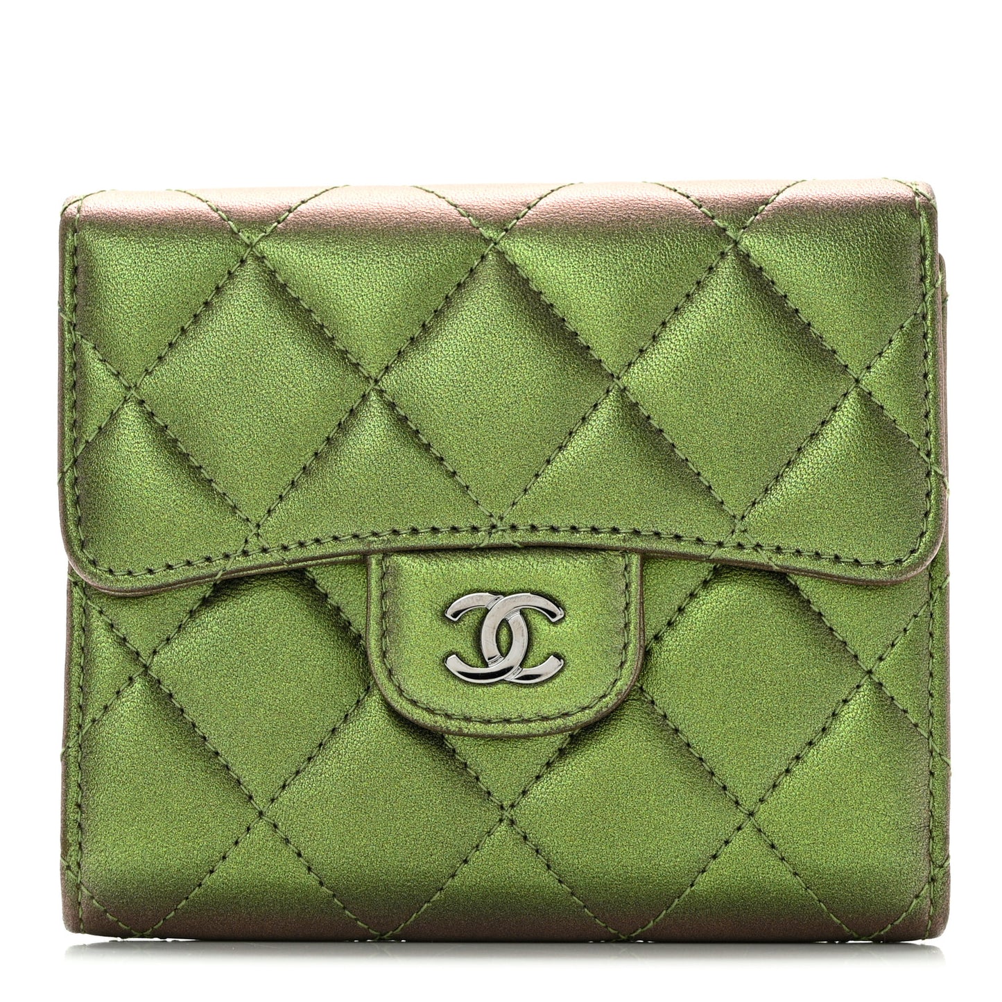 Iridescent Lambskin Quilted Small Compact Wallet Green