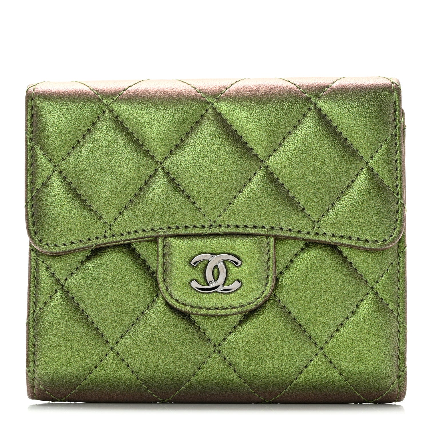 Chanel Iridescent Lambskin Quilted Small Compact Wallet Green 1 of 13