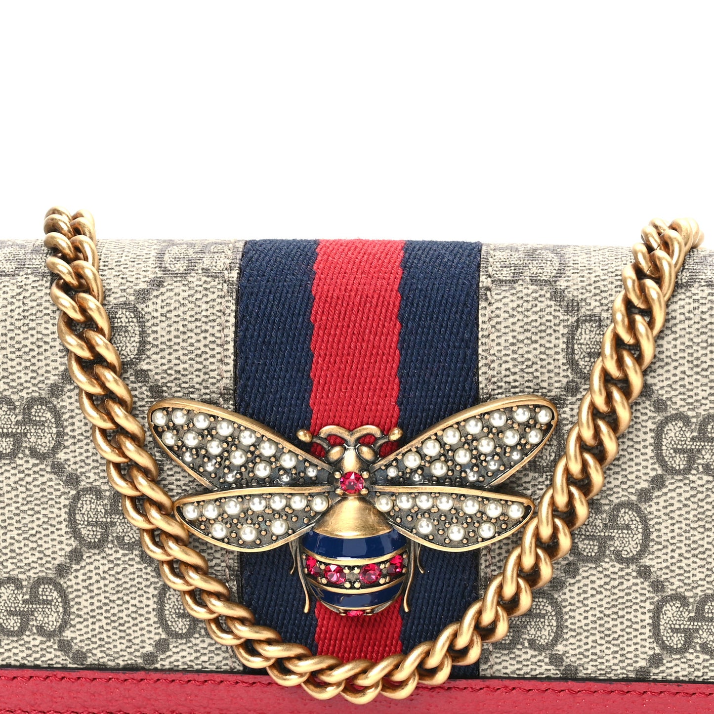 GG Supreme Monogram Web Queen Margaret Chain Wallet Red