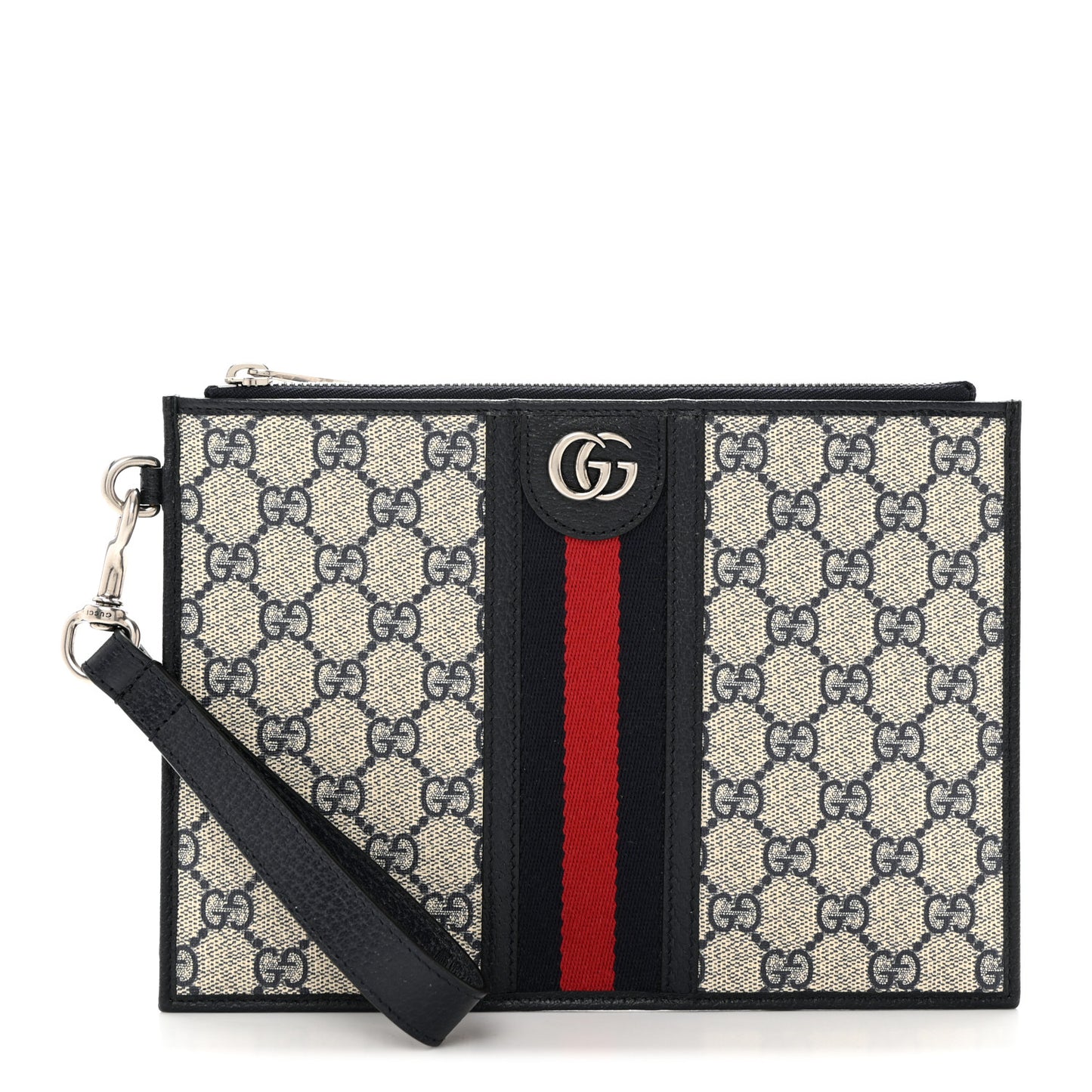 GG Supreme Monogram Textured Dollar Calfskin Web Ophidia Wristlet Pouch Beige Blue