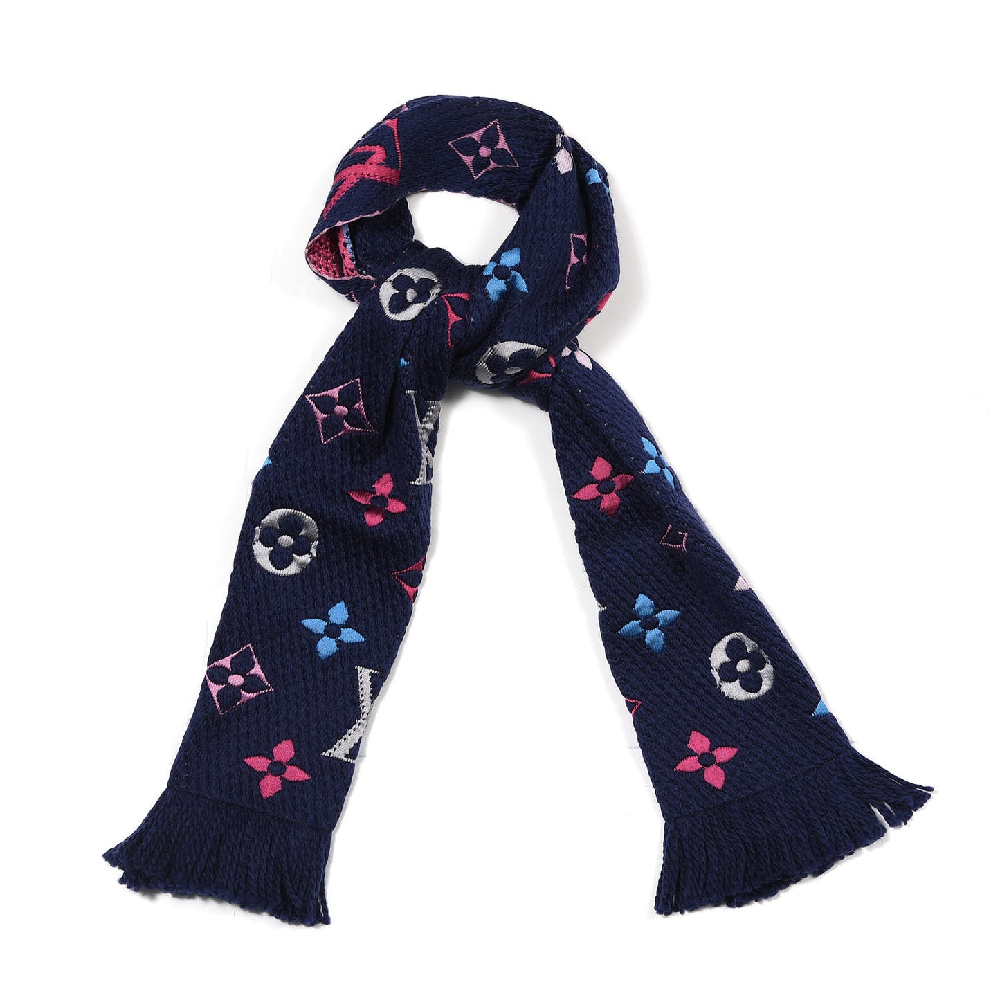 Wool Silk Rainbow Logomania Scarf Navy