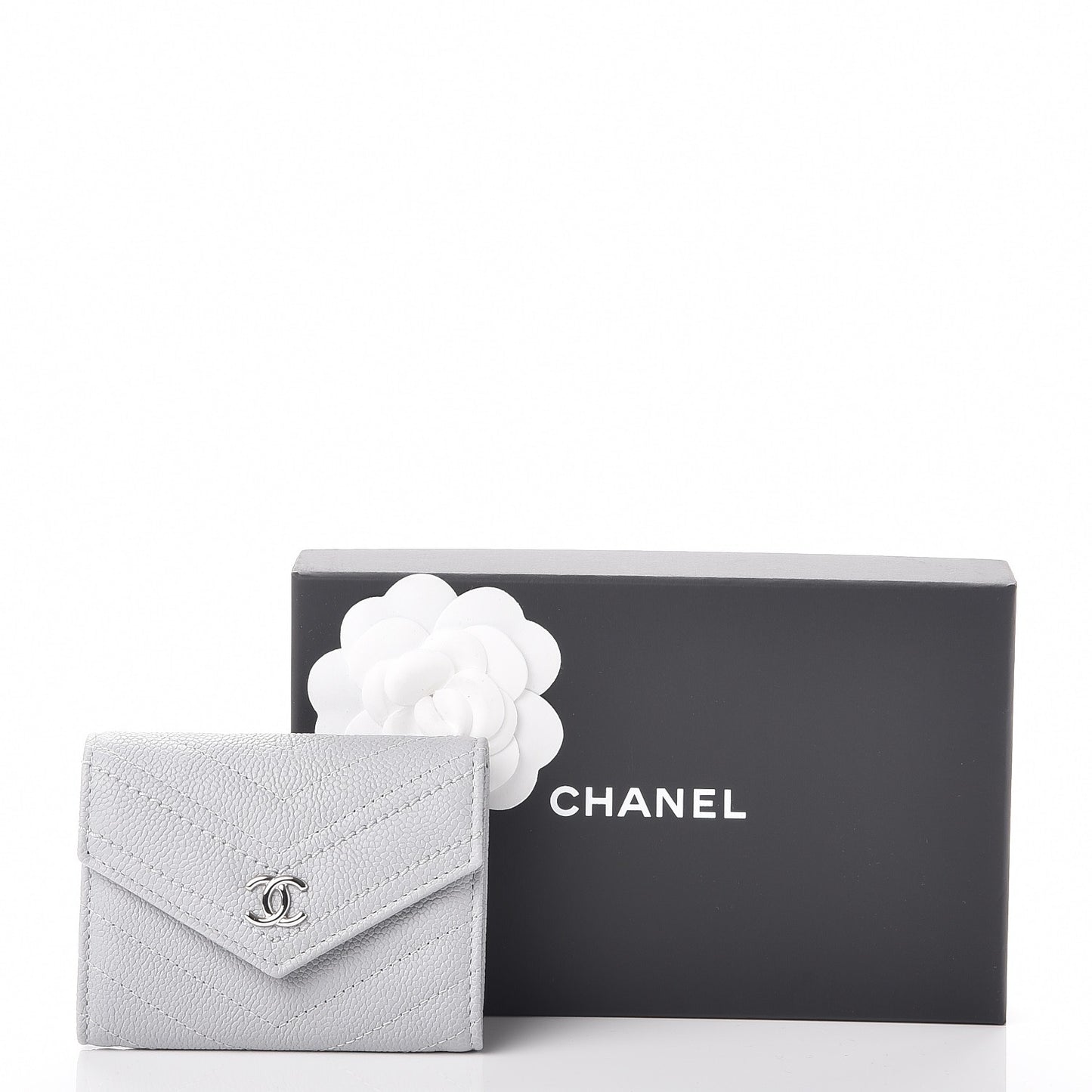 Caviar Chevron Quilted Card Holder Flap Wallet Grey