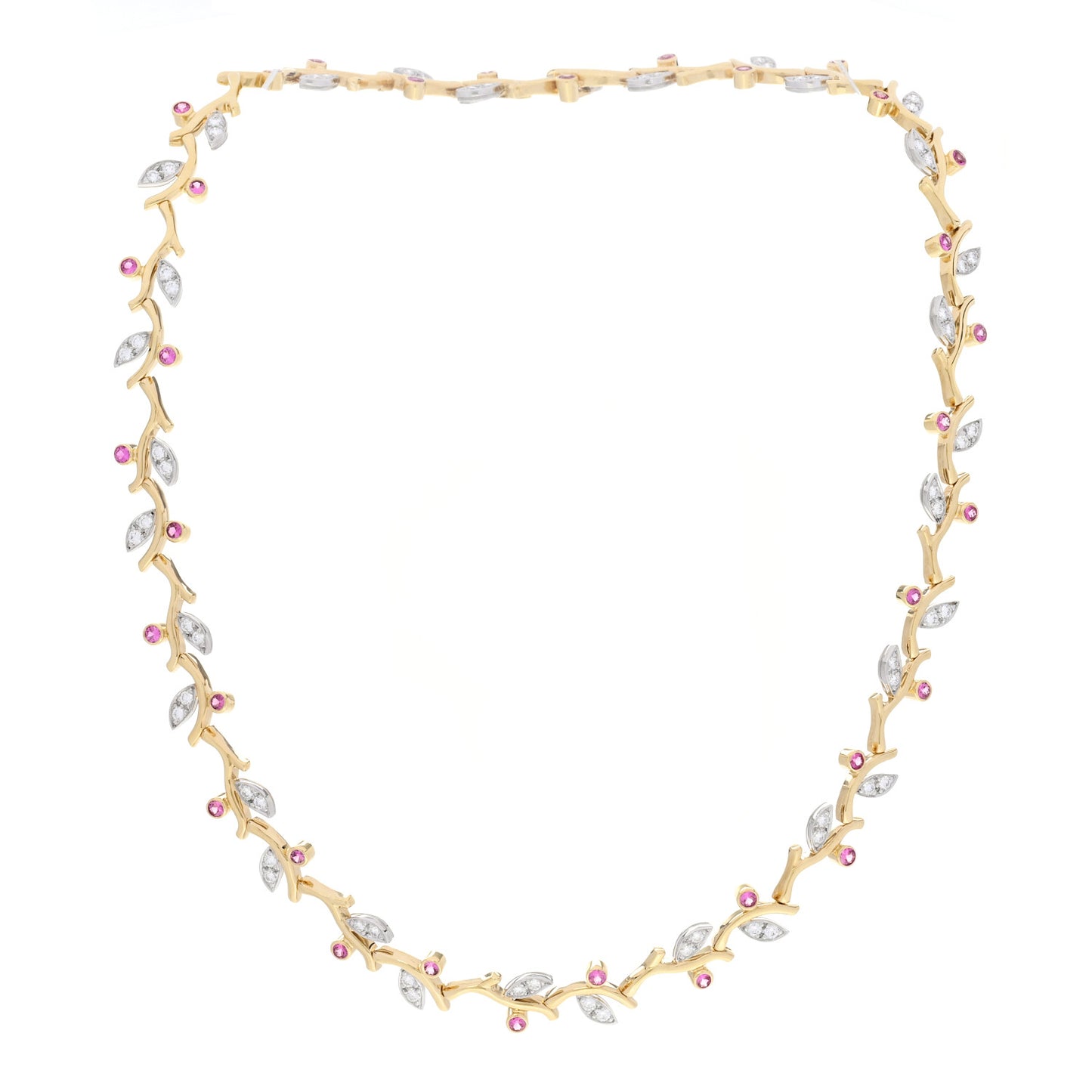 Platinum 18K Yellow Gold Diamond Pink Sapphire Vine Necklace