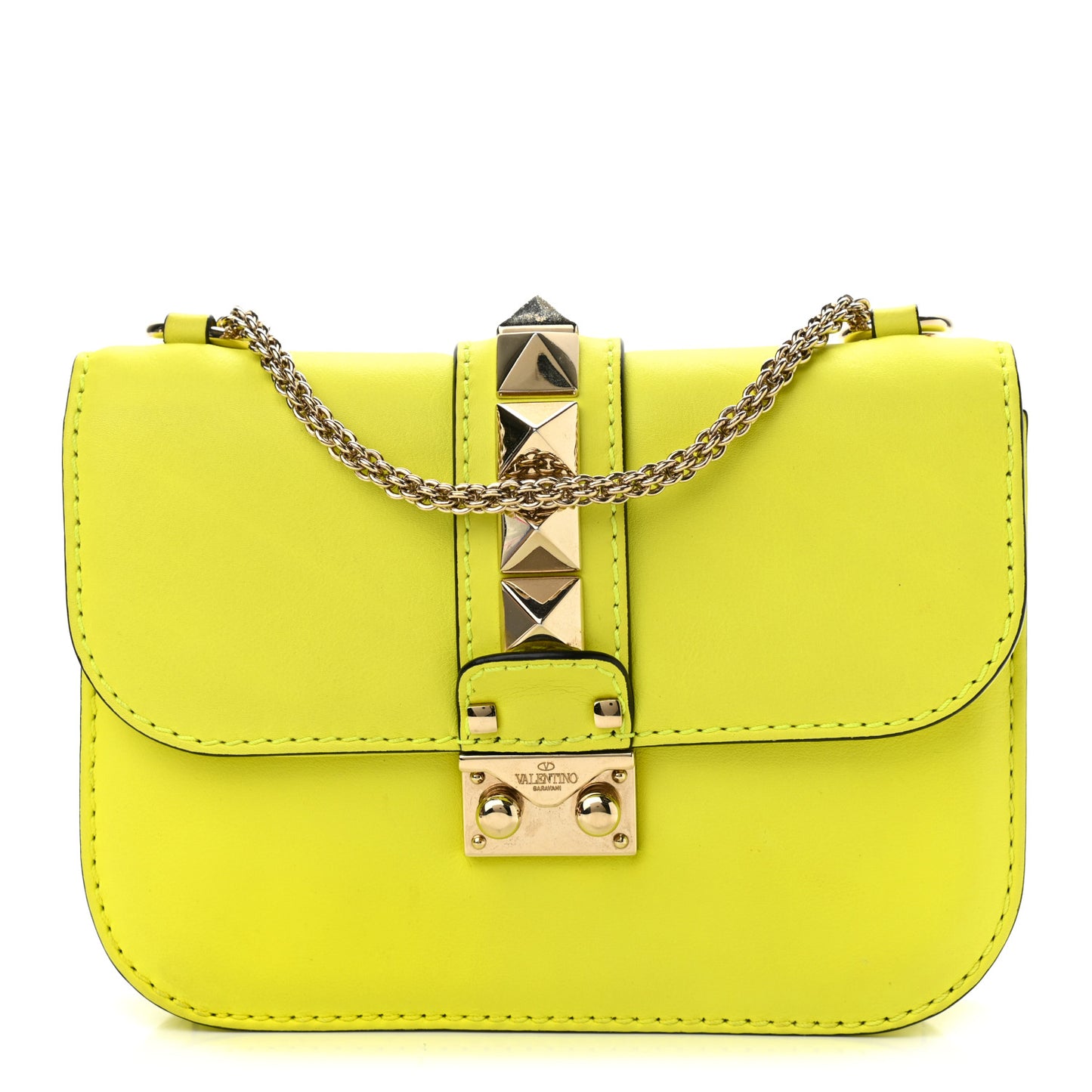 Vitello Small Glam Lock Rockstud Flap Neon Yellow