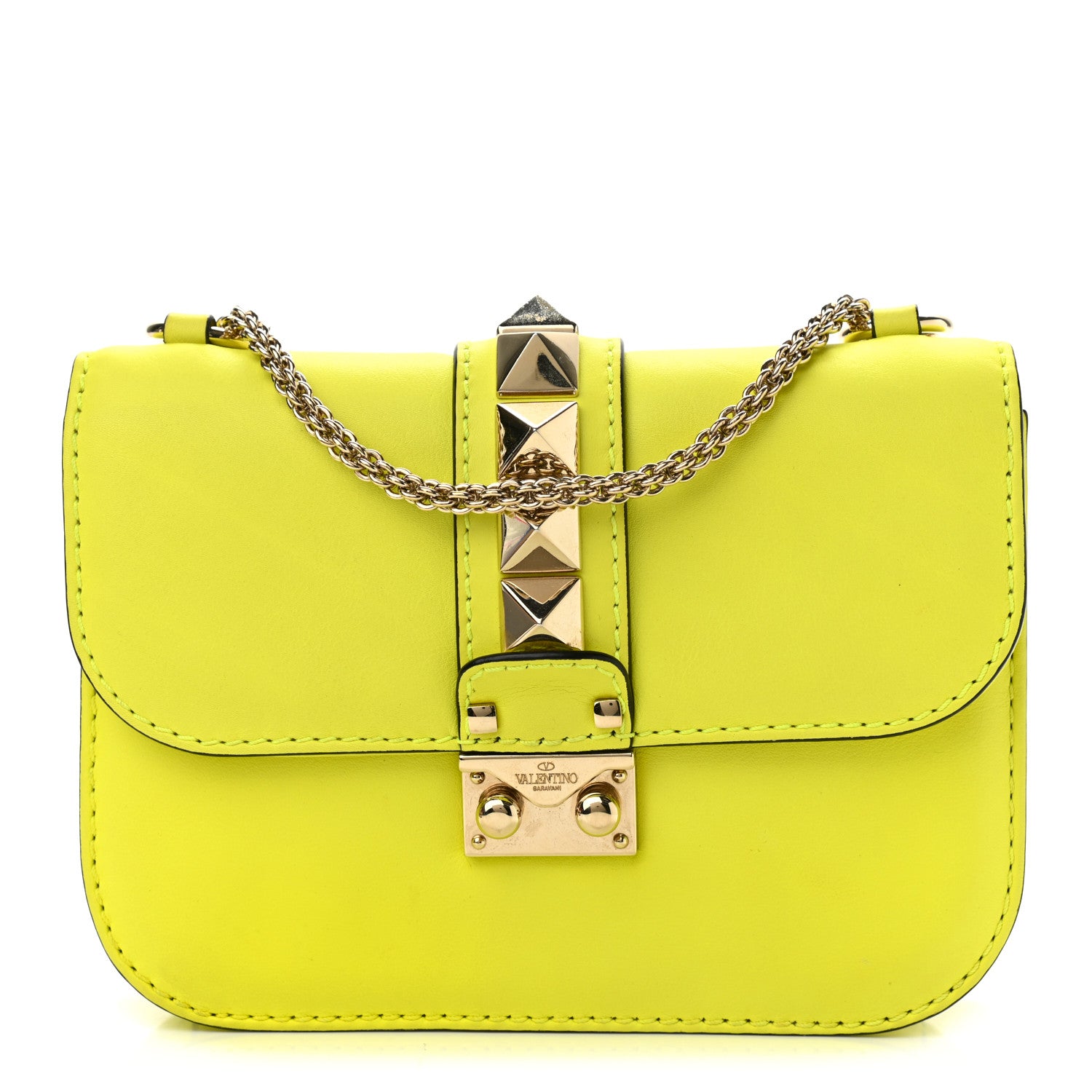 Valentino Garavani Vitello Small Glam Lock Rockstud Flap Neon Yellow 1 of 16